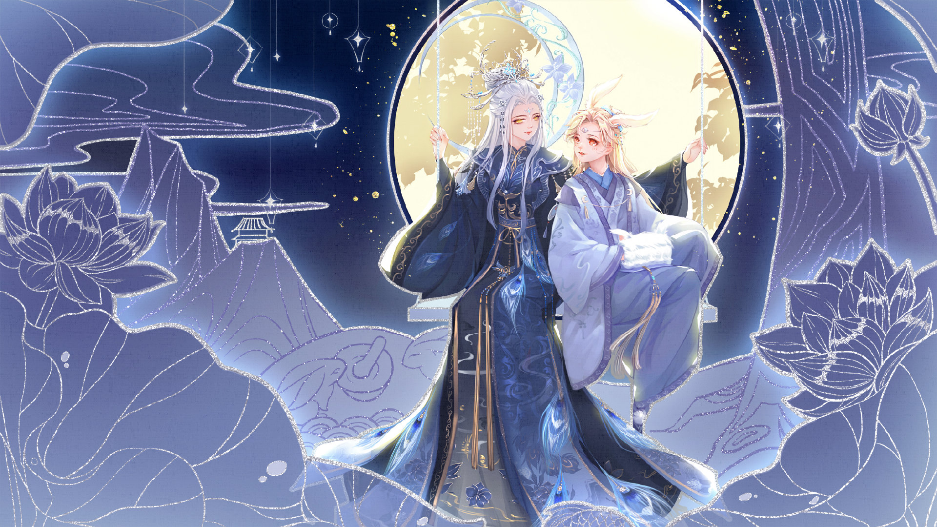 by yi, nikki (series), shining nikki, highres, 1girl, 2boys, animal ears, baggy pants, baishuo (shining nikki), blonde hair, blue halo, blue hanfu, blue pants, blue robe, chinese clothes, closed mouth, crescent, crescent halo, facial mark, feather print, flower, forehead mark, full body, full moon, grey hair, hair bun, hair ornament, half updo, halo, halo behind head, hanfu, lipstick, long hair, long sidelocks, long sleeves, lotus, makeup, moon, moonset (shining nikki), mountain, multiple boys, night, night sky, on swing, outdoors, pants, parted lips, peacock feathers, qingyue (shining nikki), rabbit boy, rabbit ears, red lips, ribbon, robe, sidelocks, single hair bun, sitting, sky, smile, sparkle, swing, tassel, very long hair, waist ribbon, wide sleeves, yellow eyes, yellow ribbon