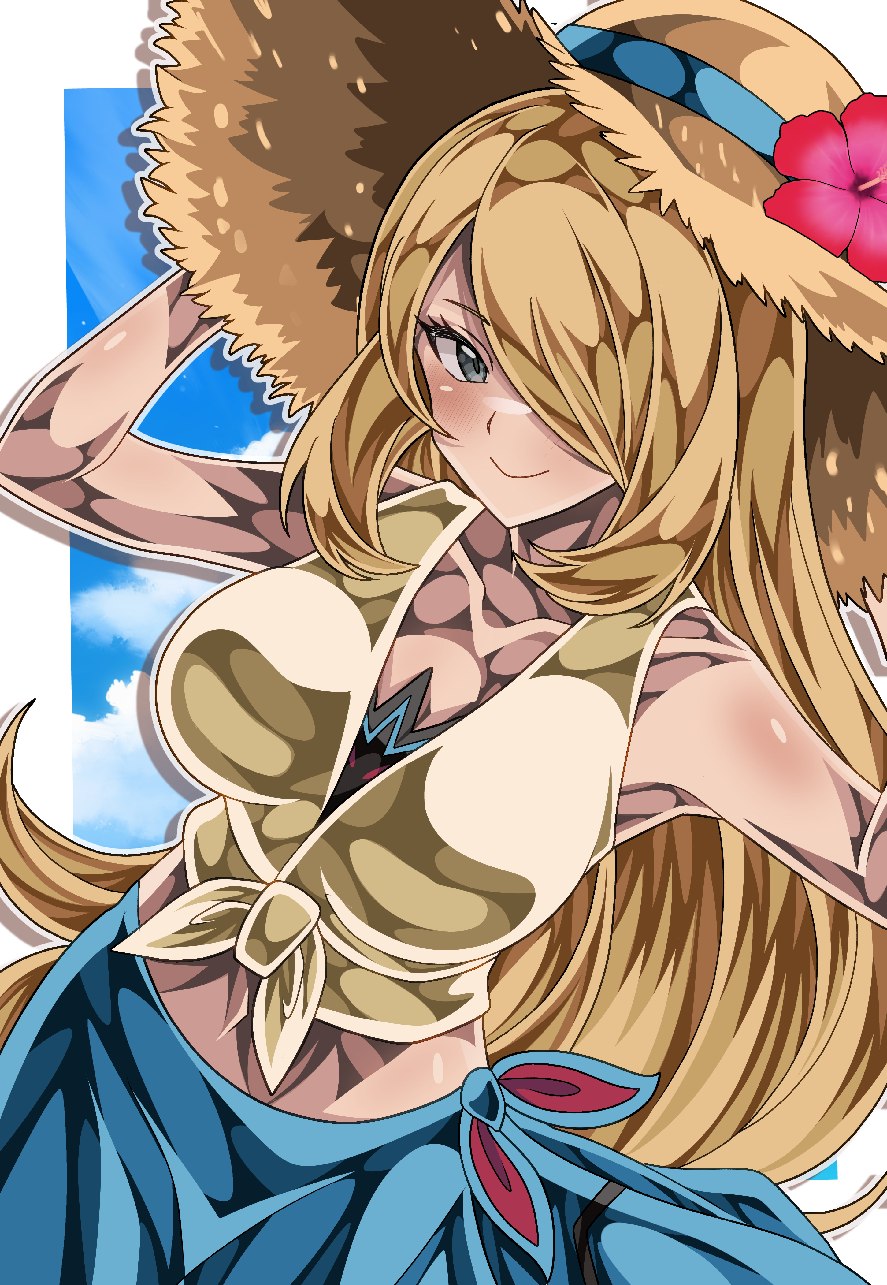 shiki (kisikisi1007), cynthia (pokemon), nintendo, pokemon, pokemon bw, absurdres, highres, 1girl, arm up, blonde hair, blue skirt, blue sky, blush, border, breasts, brown hat, closed mouth, cloud, flower, hair over one eye, hat, hat flower, large breasts, long hair, looking at viewer, pink flower, shirt, skirt, sky, sleeveless, sleeveless shirt, smile, solo, straw hat, tied shirt, very long hair, white border, white shirt, yellow shirt