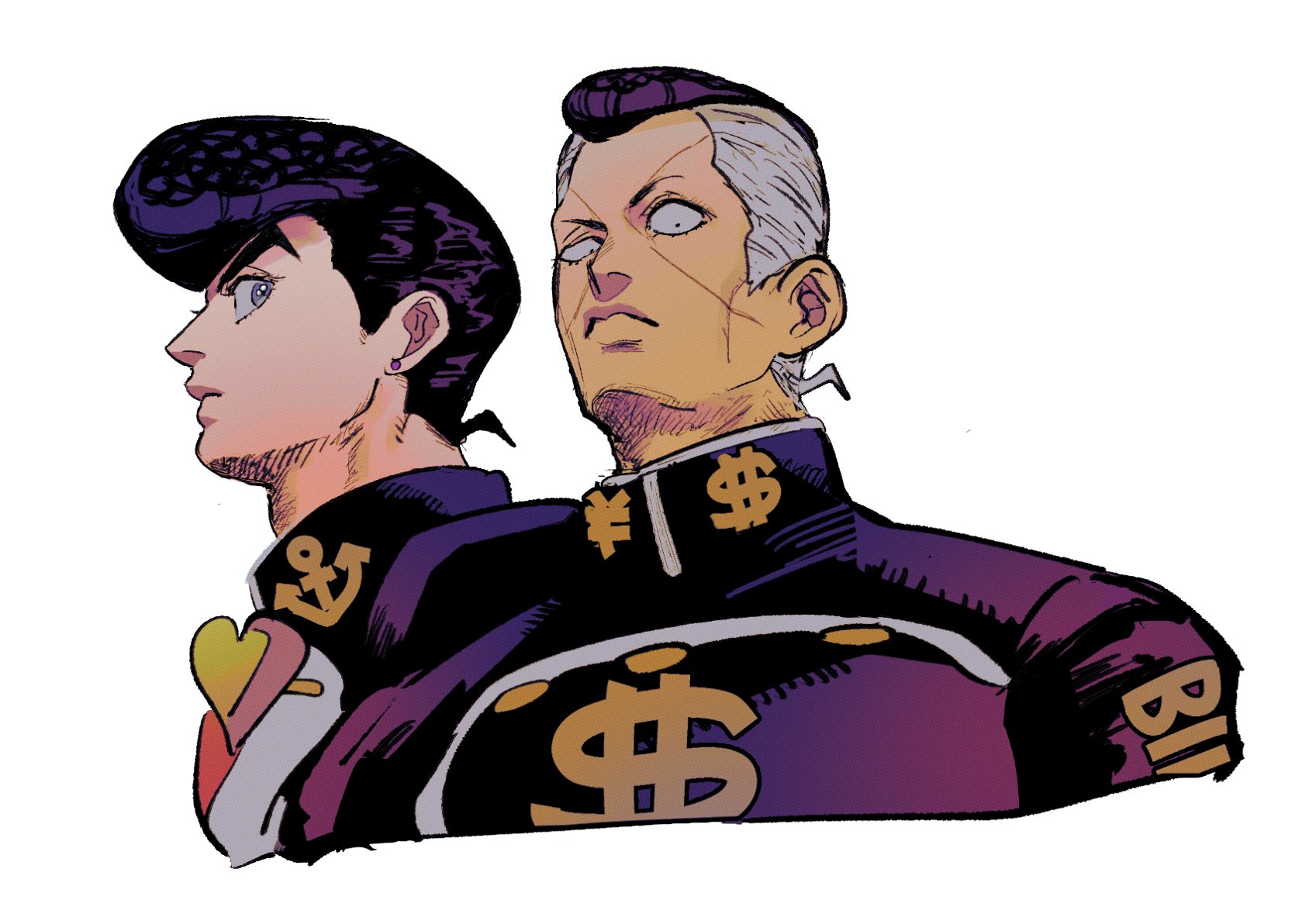 tirauraja, higashikata josuke, nijimura okuyasu, diamond wa kudakenai, jojo no kimyou na bouken, commentary, highres, 2boys, anchor symbol, black hair, brooch, closed mouth, collared jacket, cropped shoulders, dollar sign, facial mark, frown, gakuran, grey hair, heart, jacket, jewelry, looking at viewer, looking back, male focus, multiple boys, pompadour, school uniform, short hair, simple background, uneven eyes, white background, yen sign