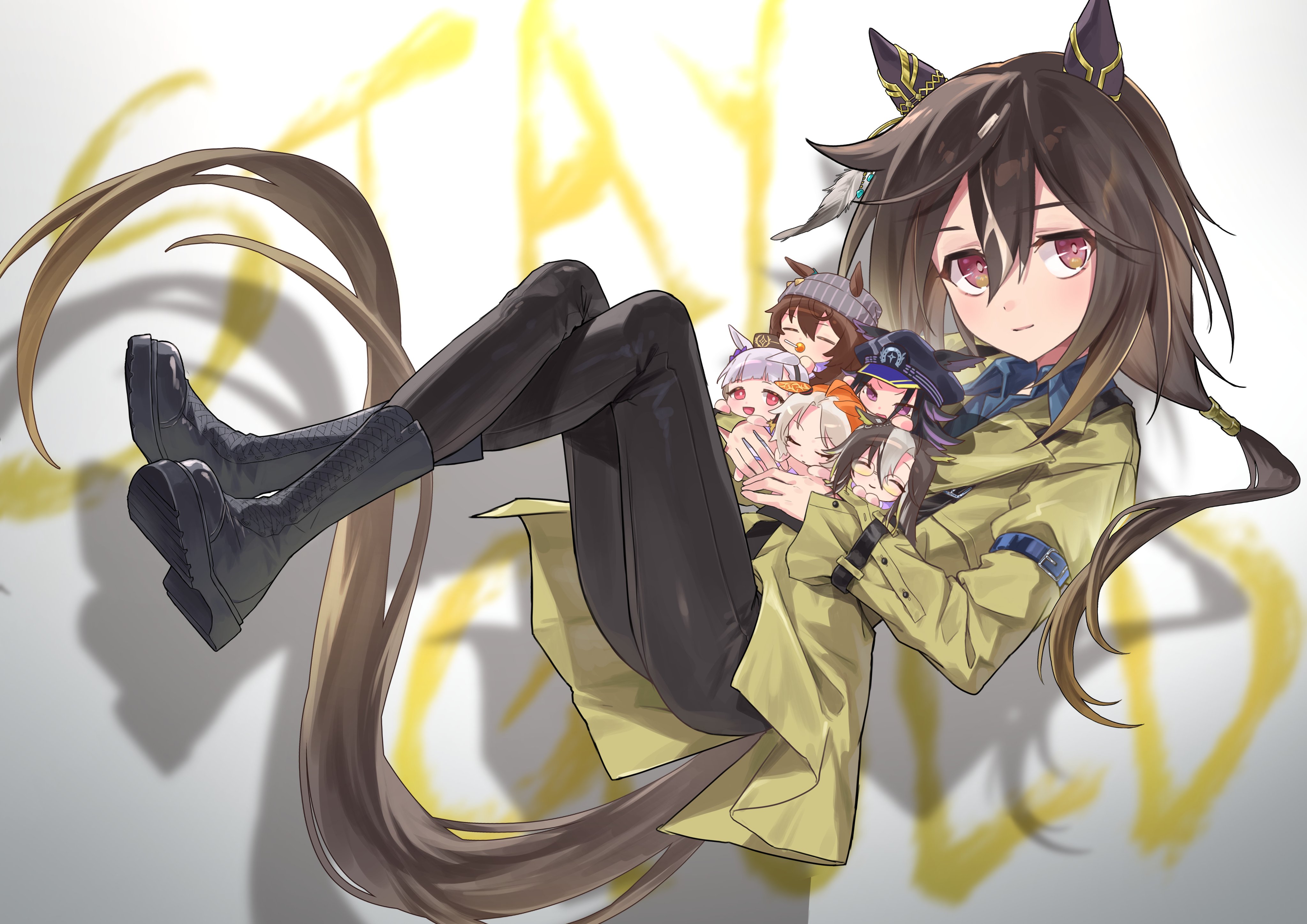 gul (parfaitgul), dream journey (umamusume), fenomeno (umamusume), gold ship (umamusume), nakayama festa (umamusume), orfevre (umamusume), stay gold (umamusume), umamusume, absurdres, highres, 1girl, animal ears, beanie, black boots, black hair, black pants, blunt bangs, blush, boots, bow, breasts, brown eyes, brown hair, brown hat, character doll, closed eyes, closed mouth, coat, doll, ear bow, ear covers, ear ornament, ears through headwear, glasses, grey hair, grey hat, hair between eyes, hat, horse ears, horse girl, horse tail, lollipop in mouth, long hair, looking at viewer, multicolored hair, open mouth, orange hair, pants, peaked cap, pillbox hat, ponytail, purple bow, purple eyes, purple hair, purple serafuku, purple shirt, sailor collar, sailor shirt, school uniform, serafuku, shirt, single ear cover, smile, stay gold clan (umamusume), streaked hair, tail, tracen school uniform, two-tone hair, white hair, yellow coat