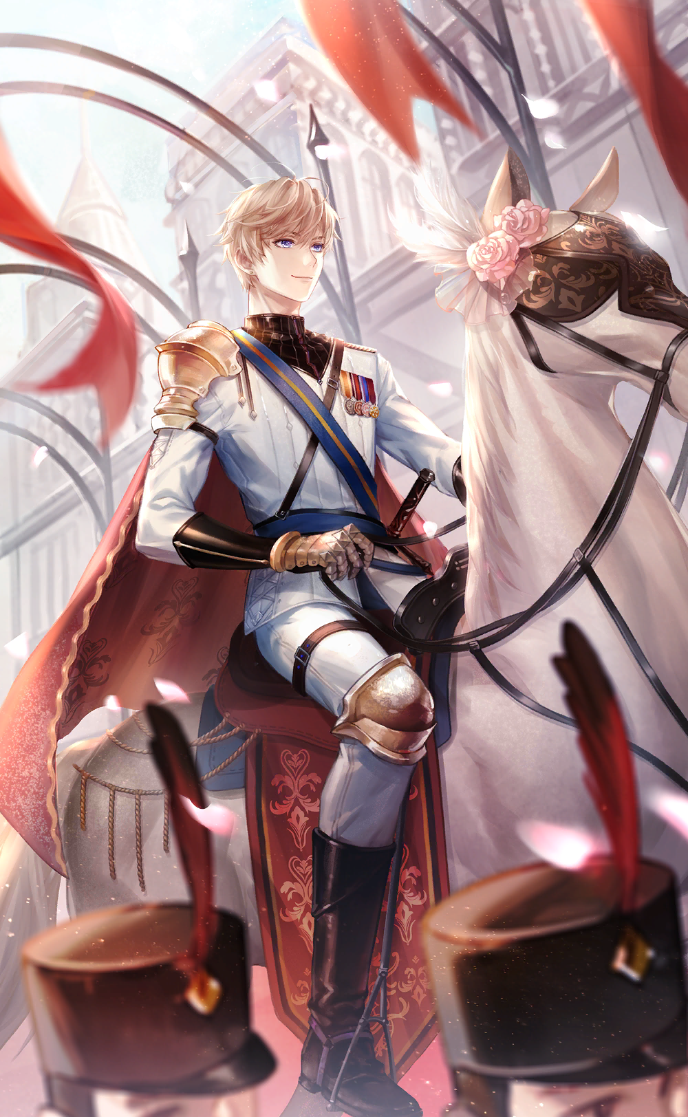 nikki (series), shining nikki, artist request, game cg, highres, official art, 1boy, armor, barding, belt, black belt, black boots, black shirt, blonde hair, blue eyes, blue sash, blue sky, boots, bracer, cape, chest belt, closed mouth, day, dress pants, feathers, flower, full body, gauntlets, hair between eyes, holding, holding reins, horseback riding, jacket, knee pads, loen (shining nikki), looking ahead, male focus, medal, military uniform, outdoors, pants, pauldrons, petals, pink flower, pink rose, red cape, reins, riding, rose, saddle, sash, sheath, sheathed, shirt, short hair, shoulder armor, single pauldron, sky, smile, solo focus, sword, thigh belt, thigh strap, town, turtleneck, turtleneck shirt, weapon, white jacket, white pants