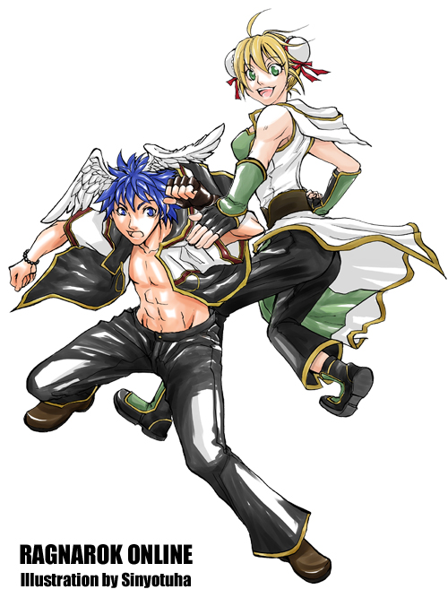 champion (ragnarok online), monk (ragnarok online), ragnarok online, commentary request, 1boy, 1girl, abs, artist name, black gloves, black pants, black shirt, black shoes, blonde hair, blue hair, breasts, brown shoes, bun cover, coat, copyright name, double bun, feathered wings, fingerless gloves, full body, gloves, gold trim, green eyes, hair bun, head wings, looking at viewer, medium breasts, multicolored shirt, open mouth, pants, shirt, shoes, short hair, simple background, sleeveless, sleeveless coat, smile, whit wings, white background, white coat, white shirt, wings, yotuha428