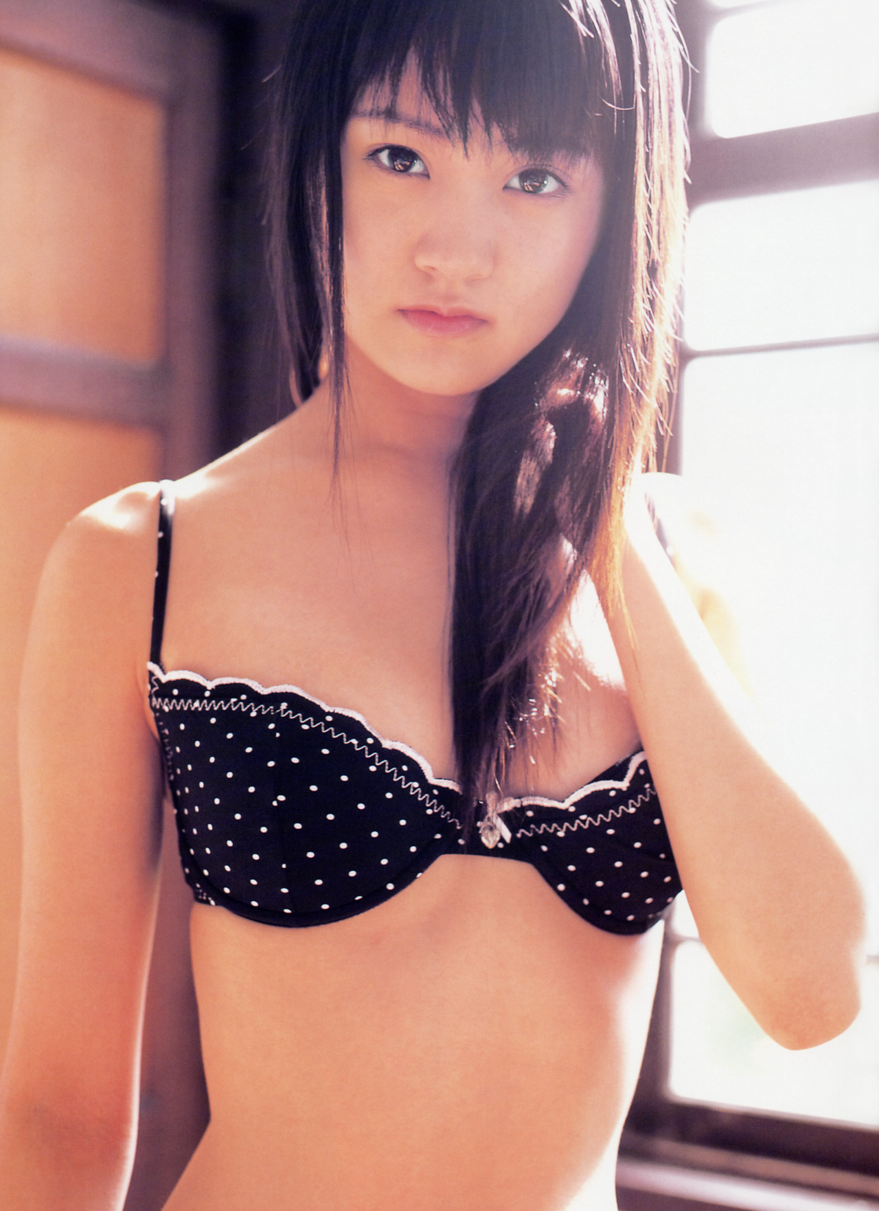 hamada shoko, lolita race queen, highres, photo (medium), tagme, 1girl, asian, bikini, bikini top only, breasts, female focus, indoors, long hair, looking at viewer, small breasts, solo, swimsuit