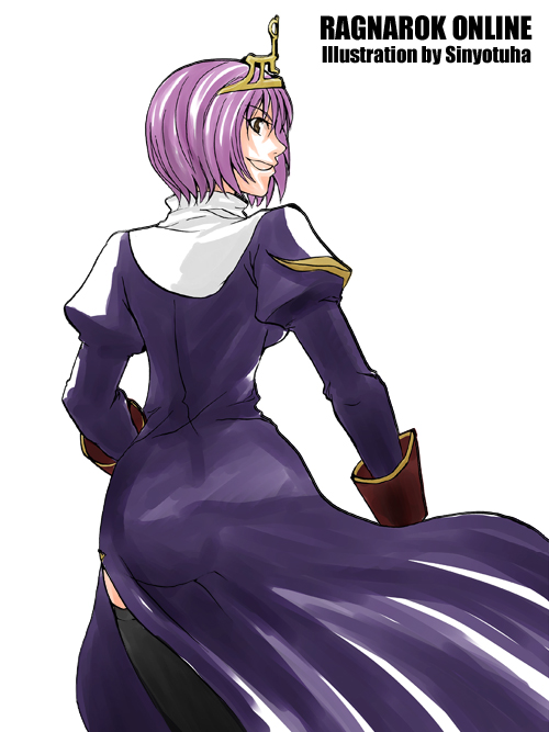 priest (ragnarok online), ragnarok online, commentary request, 1girl, artist name, ass, black thighhighs, copyright name, cowboy shot, dress, from behind, juliet sleeves, long sleeves, looking at viewer, looking back, open mouth, puffy sleeves, purple dress, purple eyes, purple hair, short hair, simple background, smile, solo, thighhighs, tiara, white background, yotuha428