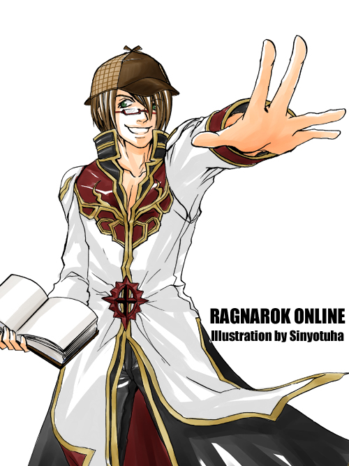 high priest (ragnarok online), ragnarok online, commentary request, 1boy, artist name, black coat, book, brown hair, brown hat, coat, copyright name, cowboy shot, deerstalker, glasses, gold trim, green eyes, grin, hat, holding, holding book, long sleeves, looking at viewer, male focus, multicolored coat, open book, reaching, reaching towards viewer, red-framed eyewear, red coat, short hair, simple background, smile, solo, two-tone coat, white background, white coat, yotuha428