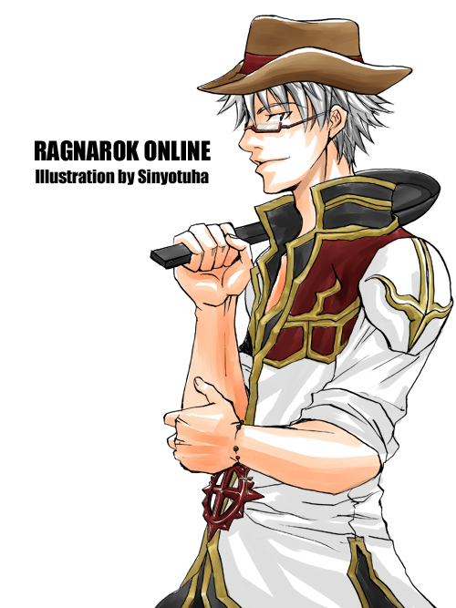high priest (ragnarok online), ragnarok online, commentary request, 1boy, artist name, brown hat, closed mouth, coat, copyright name, cross of prontera, frying pan, glasses, grey hair, hat, holding, holding frying pan, looking at viewer, looking to the side, male focus, multicolored coat, profile, red-framed eyewear, red coat, semi-rimless eyewear, short hair, simple background, sleeves rolled up, smile, solo, two-tone coat, under-rim eyewear, upper body, white background, white coat, yotuha428