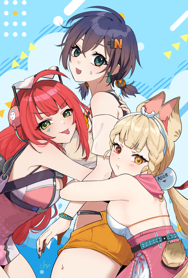 yumineko, belle (summer skies) (zenless zone zero), belle (zenless zone zero), ukinami yuzuha, ukinami yuzuha (tanuki in broad daylight), zenless zone zero, 3girls, animal ears, blonde hair, blue hair, braid, breasts, green eyes, large breasts, looking at viewer, low twintails, medium breasts, multiple girls, official alternate costume, official alternate hairstyle, one-piece swimsuit, orange shorts, pink one-piece swimsuit, puffy cheeks, rabbit ears, rabbit girl, rabbit tail, red eyes, red hair, shirt, shorts, swimsuit, tail, twin braids, twintails, two side up, white background, white one-piece swimsuit, white shirt, yellow eyes
