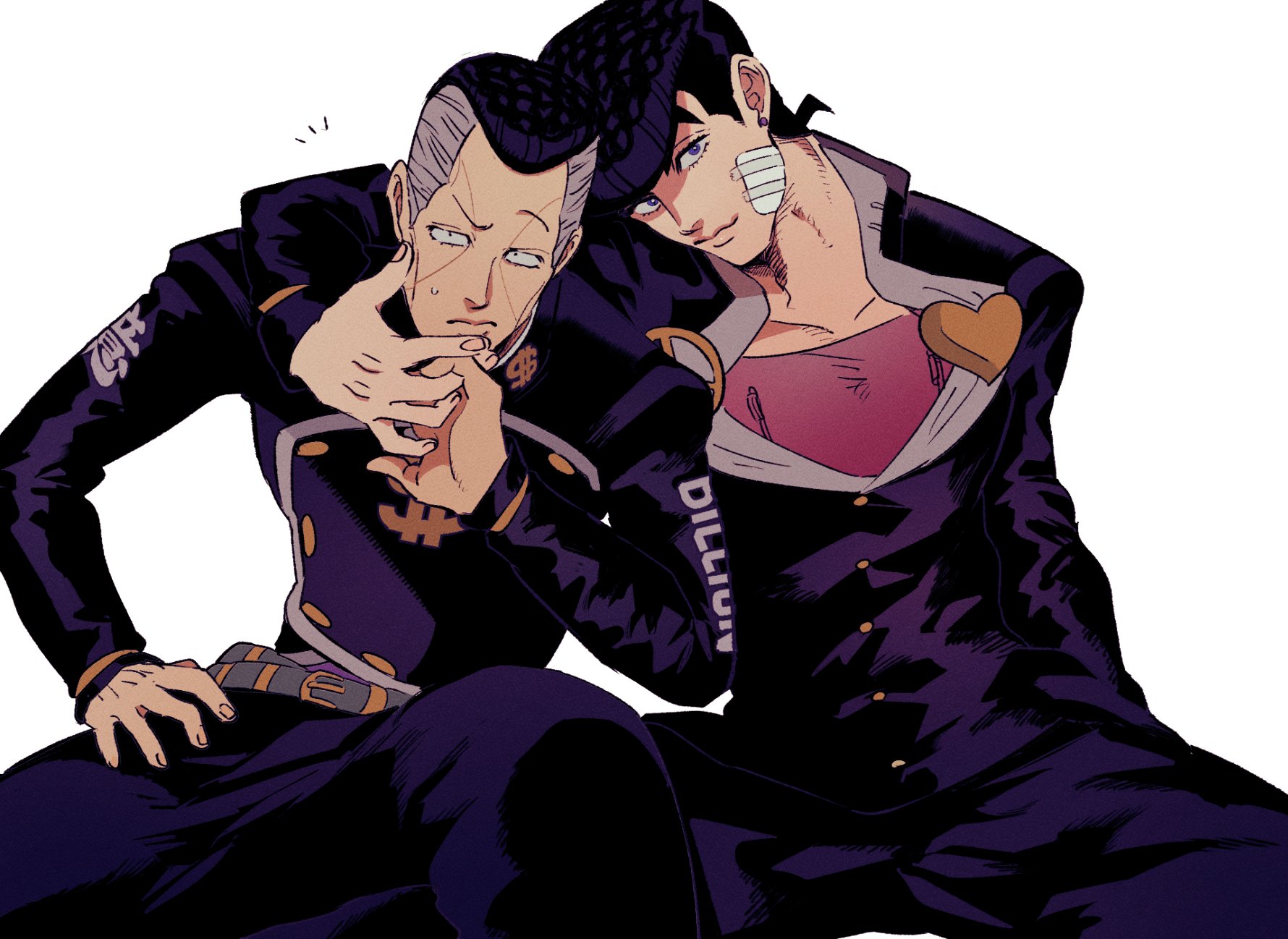tirauraja, higashikata josuke, nijimura okuyasu, diamond wa kudakenai, jojo no kimyou na bouken, commentary request, highres, 2boys, arm up, belt, belt buckle, black hair, black jacket, blue eyes, brooch, buckle, buttons, closed mouth, collarbone, crew neck, dollar sign, facial mark, fingernails, frown, gakuran, gauze, gauze on cheek, grey hair, heart, holding hands, jacket, jewelry, lips, long sleeves, male focus, multicolored hair, multiple belts, multiple boys, notice lines, pants, peace symbol, pompadour, purple shirt, school uniform, shirt, short hair, short sideburns, simple background, smile, sweatdrop, two-tone hair, white background, zipper pull tab