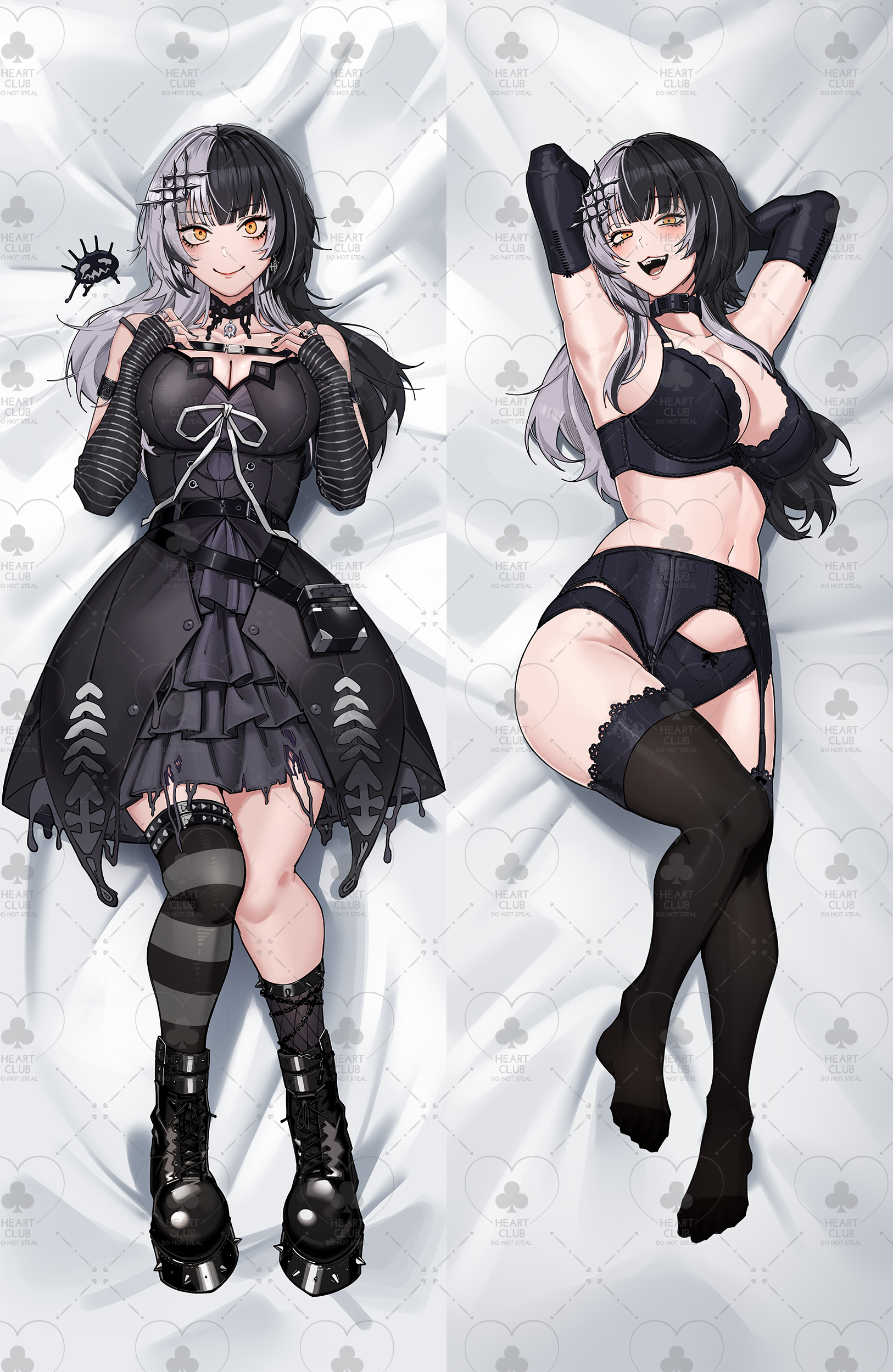harris hero, shiori novella, shiori novella (1st costume), yorick (shiori novella), hololive, hololive english, absurdres, commission, highres, second-party source, 1girl, arm strap, arms up, black arm warmers, black boots, black bra, black choker, black dress, black gloves, black hair, black nails, black panties, black thighhighs, boots, bra, breasts, choker, cleavage, closed mouth, dakimakura (object), dress, elbow gloves, garter belt, garter straps, gloves, grey hair, jewelry, lace, lace-trimmed thighhighs, lace trim, large breasts, long hair, looking at viewer, lying, multicolored hair, navel, on back, open mouth, panties, pillow, ribbon, ring, single thighhigh, smile, spiked boots, split-color hair, striped arm warmers, striped clothes, striped thighhighs, teeth, thighhighs, two-tone hair, underwear, virtual youtuber, watermark, white ribbon, yellow eyes