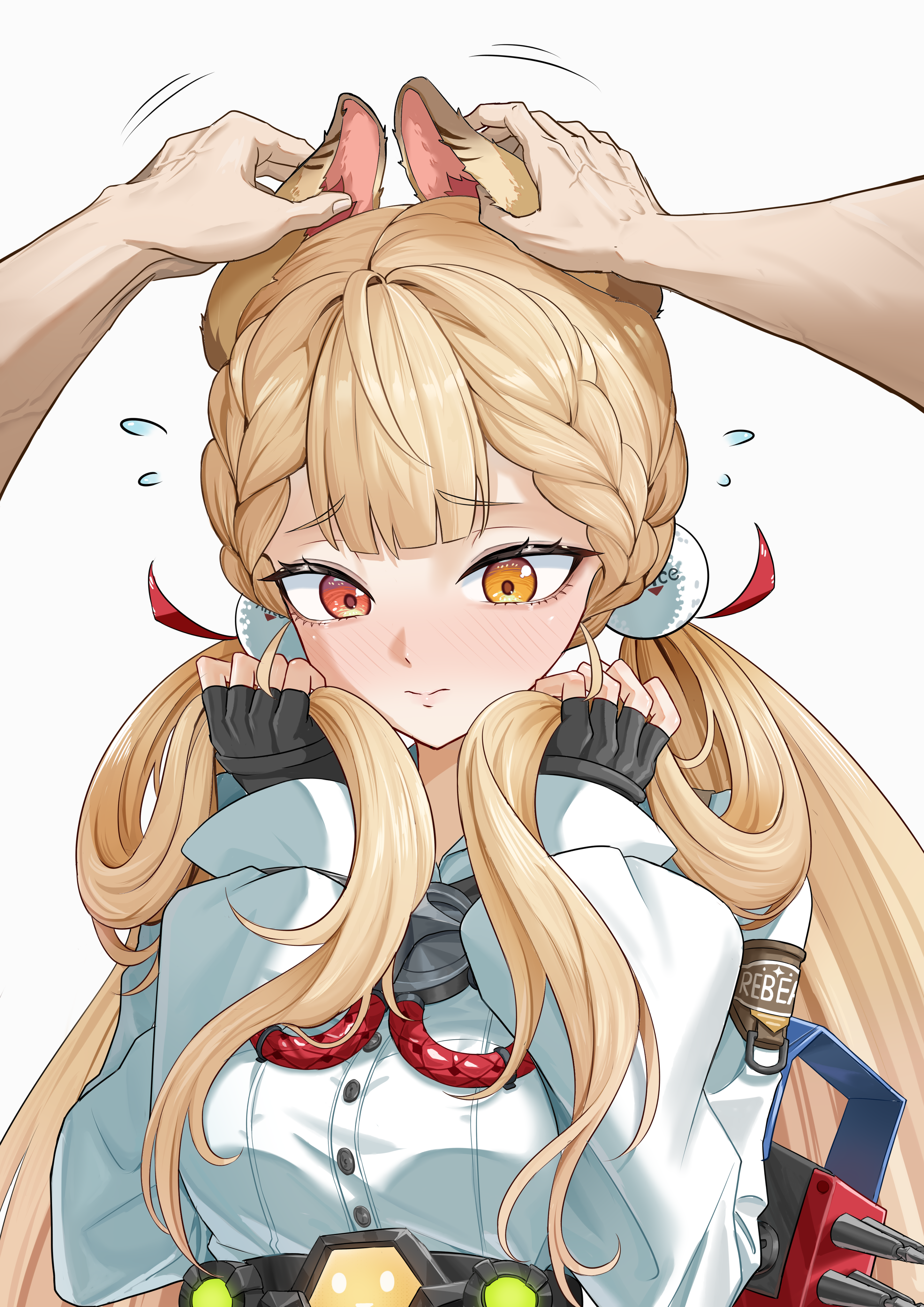 weasaker, alice thymefield, zenless zone zero, absurdres, highres, 1girl, 1other, animal ears, black gloves, blonde hair, blush, embarrassed, fingerless gloves, gloves, heterochromia, long hair, looking at viewer, low twintails, playing with another's ears, rabbit ears, rabbit girl, red eyes, shirt, twintails, very long hair, white shirt, yellow eyes