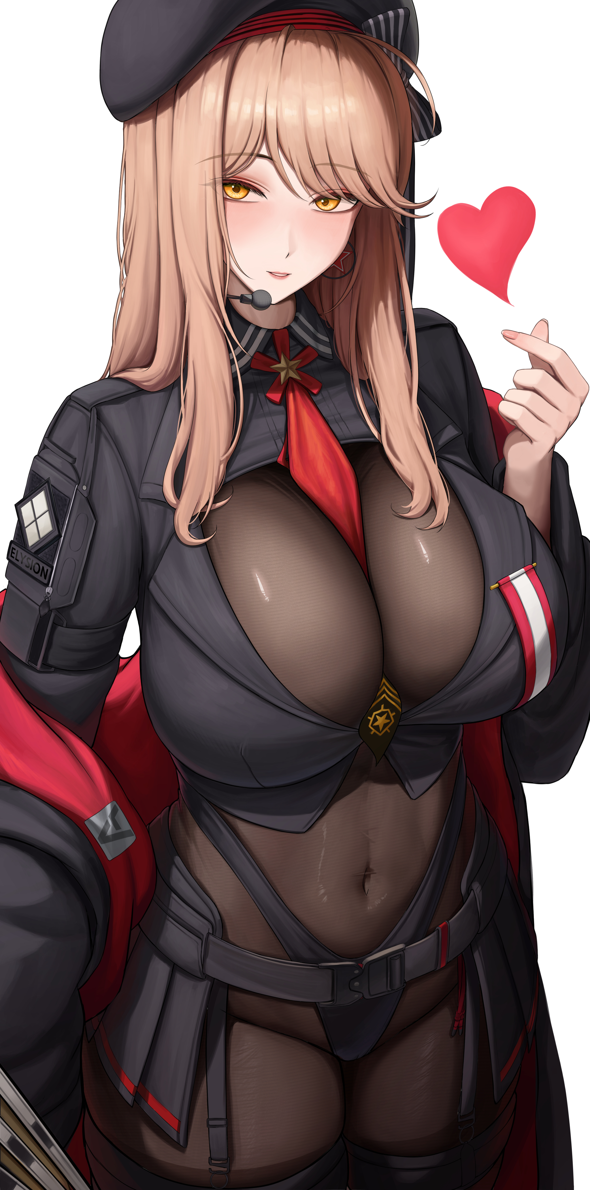 bodam, emma (nikke), emma (tactical upgrade) (nikke), goddess of victory: nikke, absurdres, highres, 1girl, belt, beret, black gloves, black hair, black hat, black jacket, bodystocking, breasts, brown bodystocking, brown hair, finger heart, gloves, hat, heart, jacket, large breasts, long hair, long sleeves, looking at viewer, necktie, official alternate costume, oversized hat, red necktie, see-through bodystocking, smile, solo, utility belt, yellow eyes