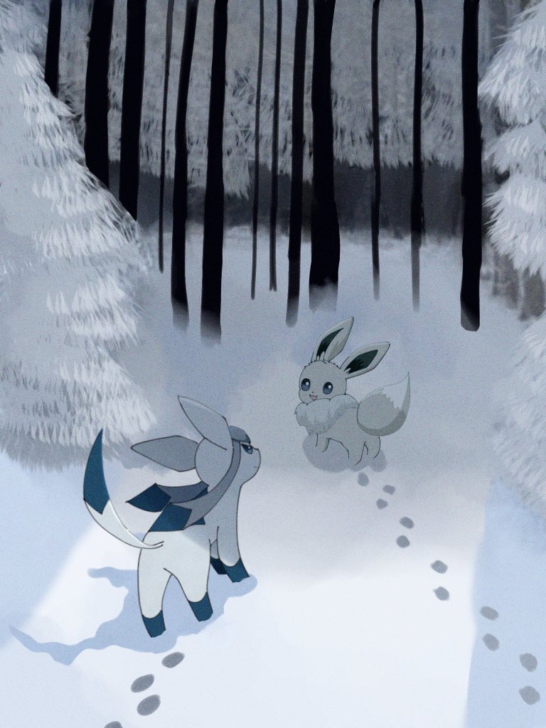 raidayo 39, eevee, glaceon, nintendo, pokemon, alternate color, animal focus, blue eyes, blue fur, closed mouth, footprints, full body, gen 1 pokemon, gen 4 pokemon, no humans, open mouth, outdoors, pokemon (creature), pokemon focus, shiny pokemon, smile, snow, tail, tree, white fur