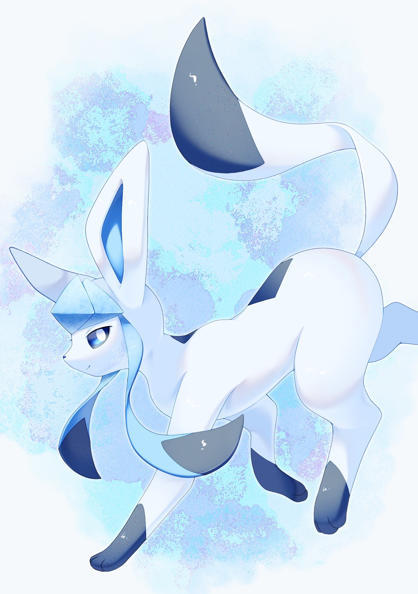 krsm30, glaceon, nintendo, pokemon, highres, animal focus, blue eyes, blue fur, blue sclera, closed mouth, colored sclera, from side, full body, gen 4 pokemon, no humans, pokemon (creature), pokemon focus, smile, solo, tail, two-tone fur