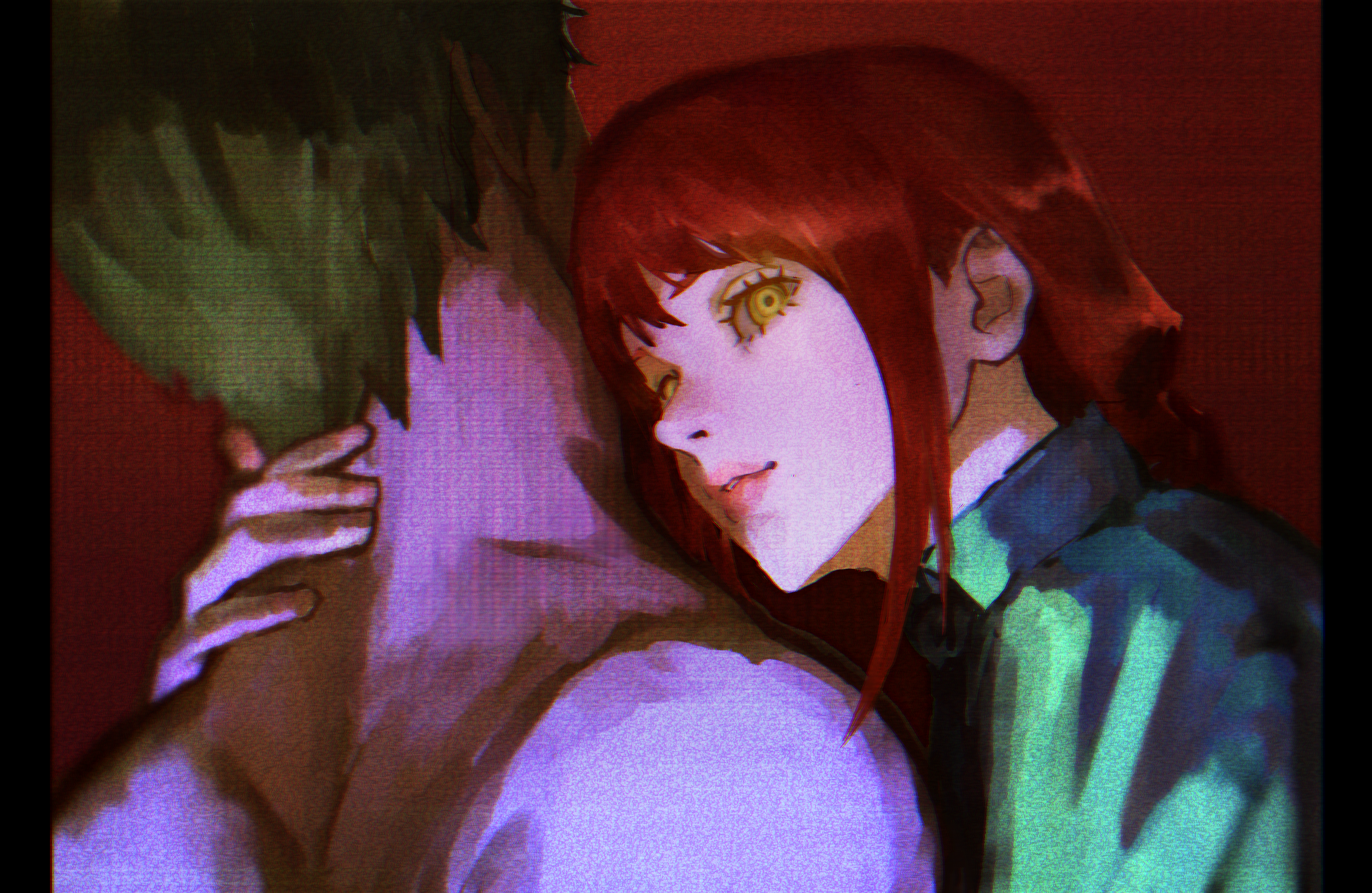 denji (chainsaw man), makima (chainsaw man), chainsaw man, absurdres, highres, 1boy, 1girl, black hair, blue coat, closed mouth, coat, long hair, looking at viewer, red background, red hair, ringed eyes, sanketsu (user zxmp2323), short hair, sidelocks, yellow eyes