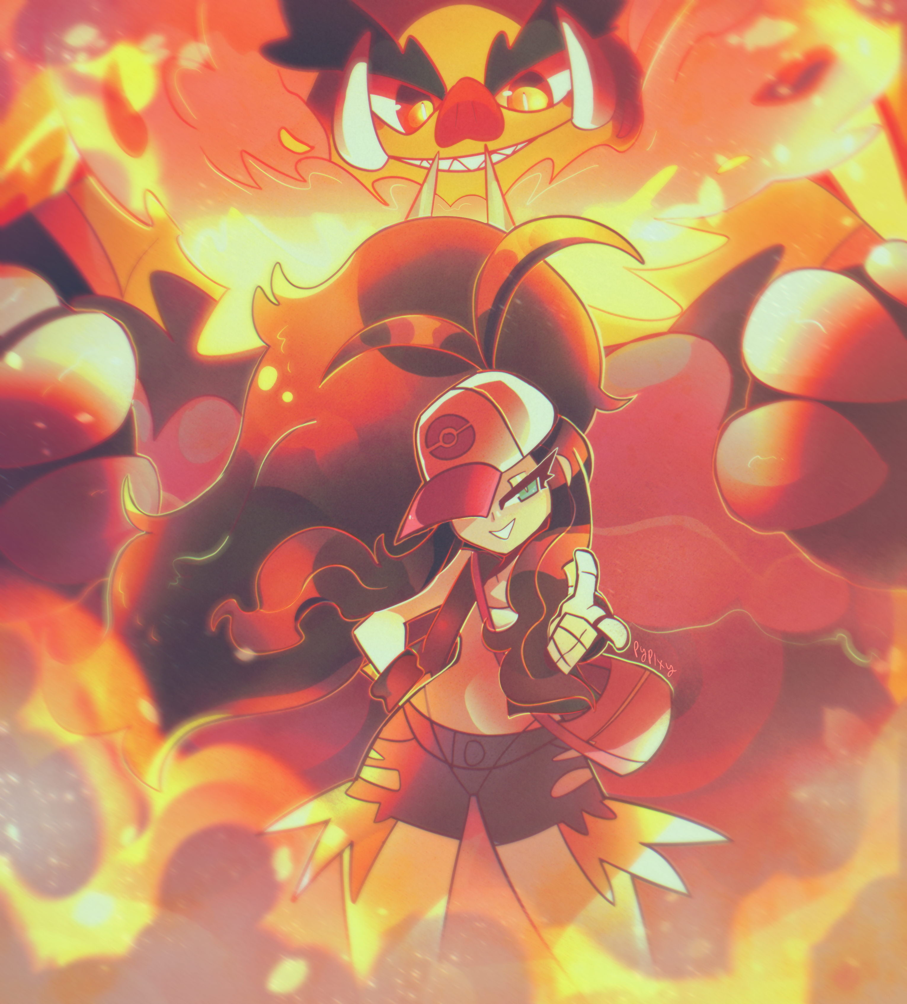 pypixy, emboar, hilda (pokemon), nintendo, pokemon, pokemon bw, absurdres, commentary, highres, 1girl, antenna hair, aqua eyes, bag, baseball cap, black vest, bright pupils, brown hair, cowboy shot, embers, eyelashes, fangs, fire, gen 5 pokemon, hand on own hip, handbag, hat, long hair, nostrils, one eye covered, open clothes, open vest, orange eyes, pokemon (creature), ponytail, sharp teeth, shirt, shorts, sidelocks, signature, smile, teeth, very long hair, vest, white hat, white pupils, white shirt