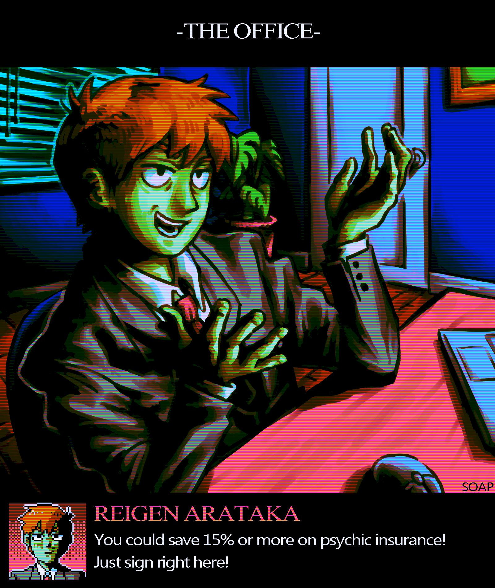 soappastel, reigen arataka, mob psycho 100, highres, 1boy, collared shirt, dialogue box, formal clothes, grey suit, long sleeves, male focus, necktie, open mouth, orange hair, shirt, short hair, smile, suit, white shirt