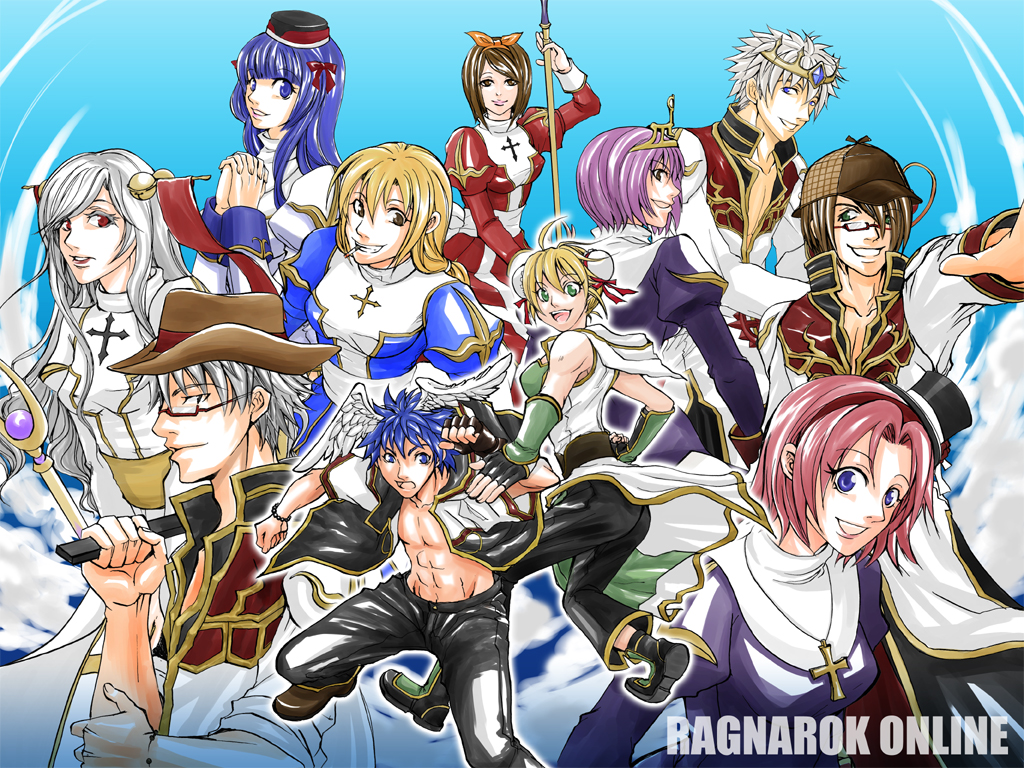 champion (ragnarok online), high priest (ragnarok online), monk (ragnarok online), priest (ragnarok online), ragnarok online, commentary request, 4boys, 6+girls, abs, alternate color, back bow, bell, biretta, black coat, black gloves, black hat, black pants, black shirt, black shoes, blonde hair, blue background, blue dress, blue eyes, blue gemstone, blue hair, blunt bangs, bow, breasts, brown eyes, brown hair, brown hat, brown shoes, bun cover, cigarette, closed mouth, coat, copyright name, cowboy shot, crown, curtained hair, deerstalker, double bun, dress, feathered wings, fingerless gloves, fingernails, from behind, full body, garter straps, gem, glasses, gloves, gold trim, green eyes, grey hair, grin, hair bell, hair bow, hair bun, hair ornament, hair stick, hat, head wings, holding, holding staff, jingle bell, juliet sleeves, long hair, long sleeves, looking at viewer, looking back, looking to the side, medium breasts, mini hat, mini top hat, multicolored coat, multicolored shirt, multiple boys, multiple girls, open mouth, own hands together, pants, pink hair, puffy sleeves, purple dress, purple eyes, purple hair, reaching, reaching towards viewer, red-framed eyewear, red bow, red coat, red dress, red eyes, sash, semi-rimless eyewear, shirt, shoes, short hair, sleeveless, sleeveless coat, sleeves rolled up, smile, staff, thighhighs, tiara, top hat, two-tone coat, two-tone dress, under-rim eyewear, upper body, wavy hair, whit wings, white bow, white coat, white dress, white sash, white shirt, white thighhighs, wings, yellow sash, yotuha428