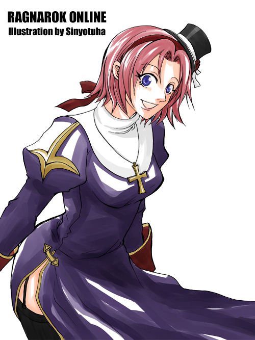 priest (ragnarok online), ragnarok online, commentary request, 1girl, artist name, black hat, black thighhighs, blue eyes, breasts, copyright name, cowboy shot, curtained hair, dress, garter straps, hat, juliet sleeves, long sleeves, looking at viewer, medium breasts, mini hat, mini top hat, open mouth, pink hair, puffy sleeves, purple dress, short hair, side slit, simple background, smile, solo, thighhighs, top hat, white background, yotuha428