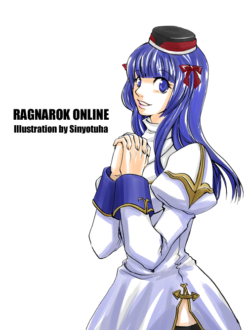 high priest (ragnarok online), ragnarok online, 1girl, alternate color, artist name, biretta, black hat, black thighhighs, blue eyes, blue hair, blunt bangs, bow, copyright name, dress, hair bow, hat, juliet sleeves, long hair, long sleeves, looking at viewer, open mouth, own hands together, puffy sleeves, red bow, simple background, smile, solo, thighhighs, white background, white dress, yotuha428