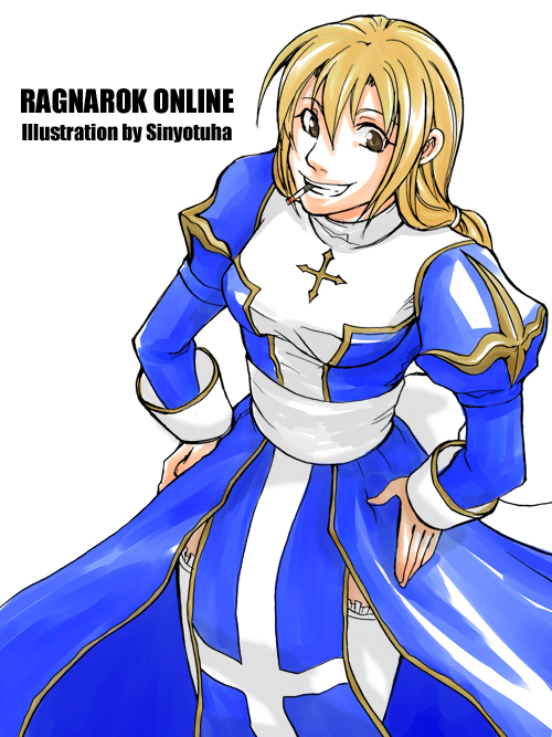 high priest (ragnarok online), ragnarok online, commentary request, 1girl, alternate color, artist name, blonde hair, blue dress, breasts, brown eyes, cigarette, copyright name, cowboy shot, dress, grin, juliet sleeves, long hair, long sleeves, looking at viewer, medium breasts, puffy sleeves, sash, simple background, smile, solo, thighhighs, two-tone dress, white background, white dress, white sash, white thighhighs, yotuha428