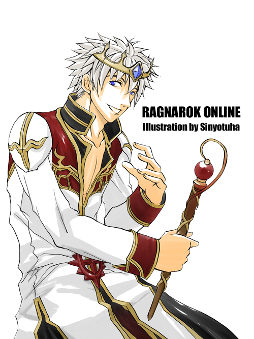 high priest (ragnarok online), ragnarok online, commentary request, 1boy, artist name, black pants, blue eyes, blue gemstone, coat, copyright name, cowboy shot, crown, fingernails, gem, gold trim, grey hair, grin, holding, holding staff, long sleeves, looking at viewer, male focus, multicolored coat, pants, red coat, short hair, simple background, smile, solo, staff, two-tone coat, white background, white coat, yotuha428