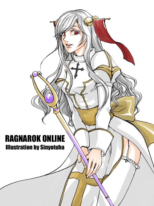 high priest (ragnarok online), ragnarok online, commentary request, 1girl, alternate color, artist name, back bow, bell, bow, breasts, copyright name, cowboy shot, dress, frilled thighhighs, frills, garter straps, grey hair, hair bell, hair ornament, hair stick, holding, holding staff, jingle bell, juliet sleeves, long hair, long sleeves, looking at viewer, medium breasts, open mouth, puffy sleeves, red eyes, sash, simple background, solo, staff, thighhighs, wavy hair, white background, white dress, white thighhighs, yellow bow, yellow sash, yotuha428