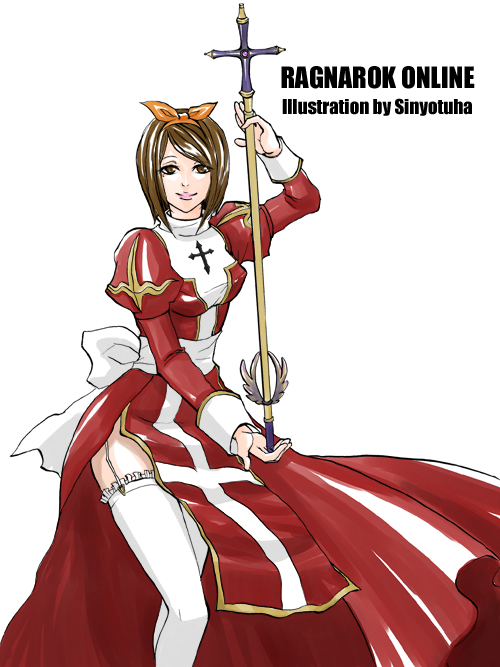 high priest (ragnarok online), ragnarok online, commentary request, 1girl, artist name, back bow, bow, breasts, brown eyes, brown hair, closed mouth, copyright name, cowboy shot, dress, frilled thighhighs, frills, garter straps, holding, holding staff, juliet sleeves, long sleeves, looking at viewer, medium breasts, puffy sleeves, red dress, sash, short hair, simple background, smile, solo, staff, thighhighs, two-tone dress, white background, white bow, white dress, white sash, white thighhighs, yotuha428