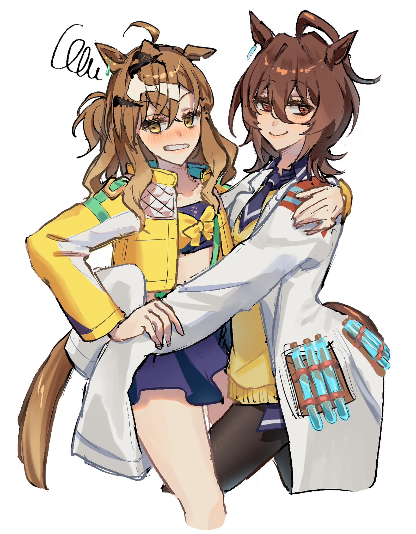 chachaboshi, agnes tachyon (umamusume), jungle pocket (umamusume), umamusume, highres, 2girls, ahoge, black skirt, blush, brown hair, earrings, hair between eyes, hair ornament, hairclip, hand on another's shoulder, hand on another's waist, jacket, jewelry, lab coat, long sleeves, looking at viewer, medium hair, midriff, multiple girls, open clothes, pantyhose, red eyes, simple background, skirt, smile, squiggle, tail, teeth, yellow eyes, yellow jacket