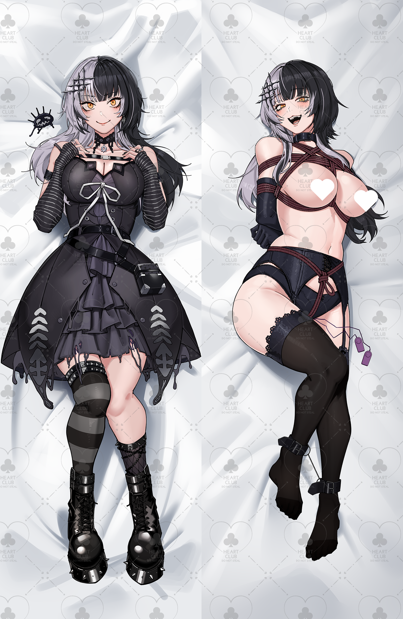 harris hero, shiori novella, shiori novella (1st costume), yorick (shiori novella), hololive, hololive english, absurdres, commission, highres, second-party source, 1girl, arm strap, bdsm, black arm warmers, black boots, black choker, black dress, black gloves, black hair, black nails, black panties, black thighhighs, bondage, boots, bound, breasts, censored, choker, cleavage, closed mouth, dakimakura (medium), dress, elbow gloves, garter belt, garter straps, gloves, grey hair, heart, heart censor, jewelry, lace, lace-trimmed thighhighs, lace trim, large breasts, long hair, looking at viewer, lying, multicolored hair, navel, on back, open mouth, panties, ribbon, ring, sex toy, shibari, single thighhigh, smile, spiked boots, split-color hair, striped arm warmers, striped clothes, striped thighhighs, thighhighs, two-tone hair, underwear, vibrator, vibrator under clothes, virtual youtuber, watermark, white ribbon, yellow eyes