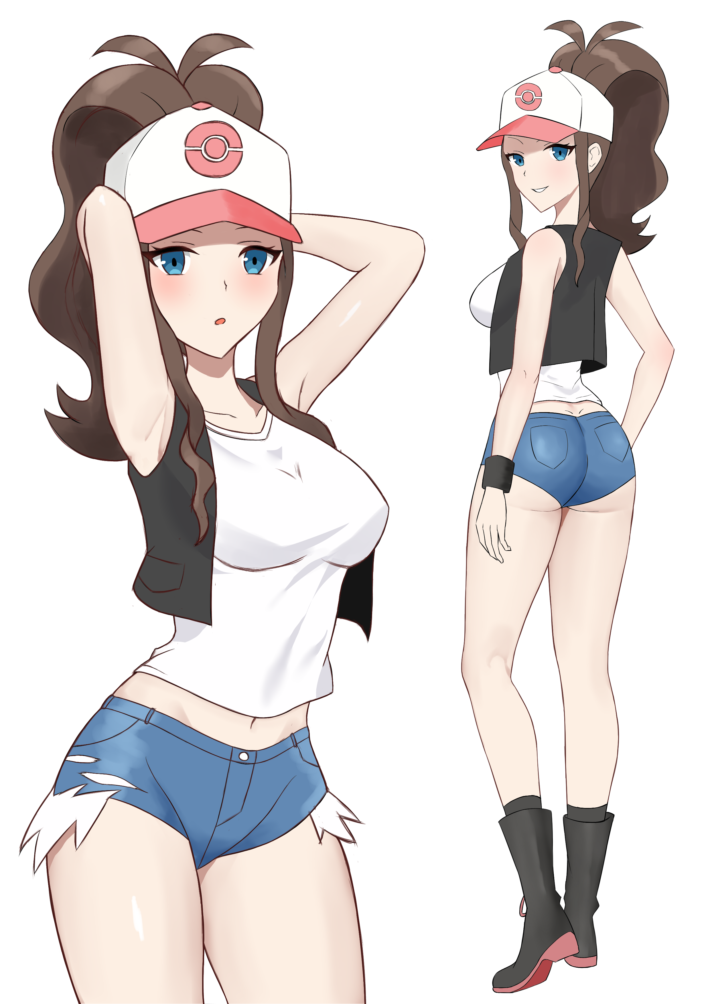 ganzzzo, hilda (pokemon), nintendo, pokemon, pokemon bw, absurdres, highres, 1girl, :o, armpits, arms up, ass, baseball cap, black boots, black vest, blue eyes, boots, breasts, brown hair, cropped vest, denim, denim shorts, grin, hat, high ponytail, looking at viewer, medium breasts, midriff, multiple views, navel peek, ponytail, shirt, short shorts, shorts, simple background, smile, thighs, vest, white background, white shirt