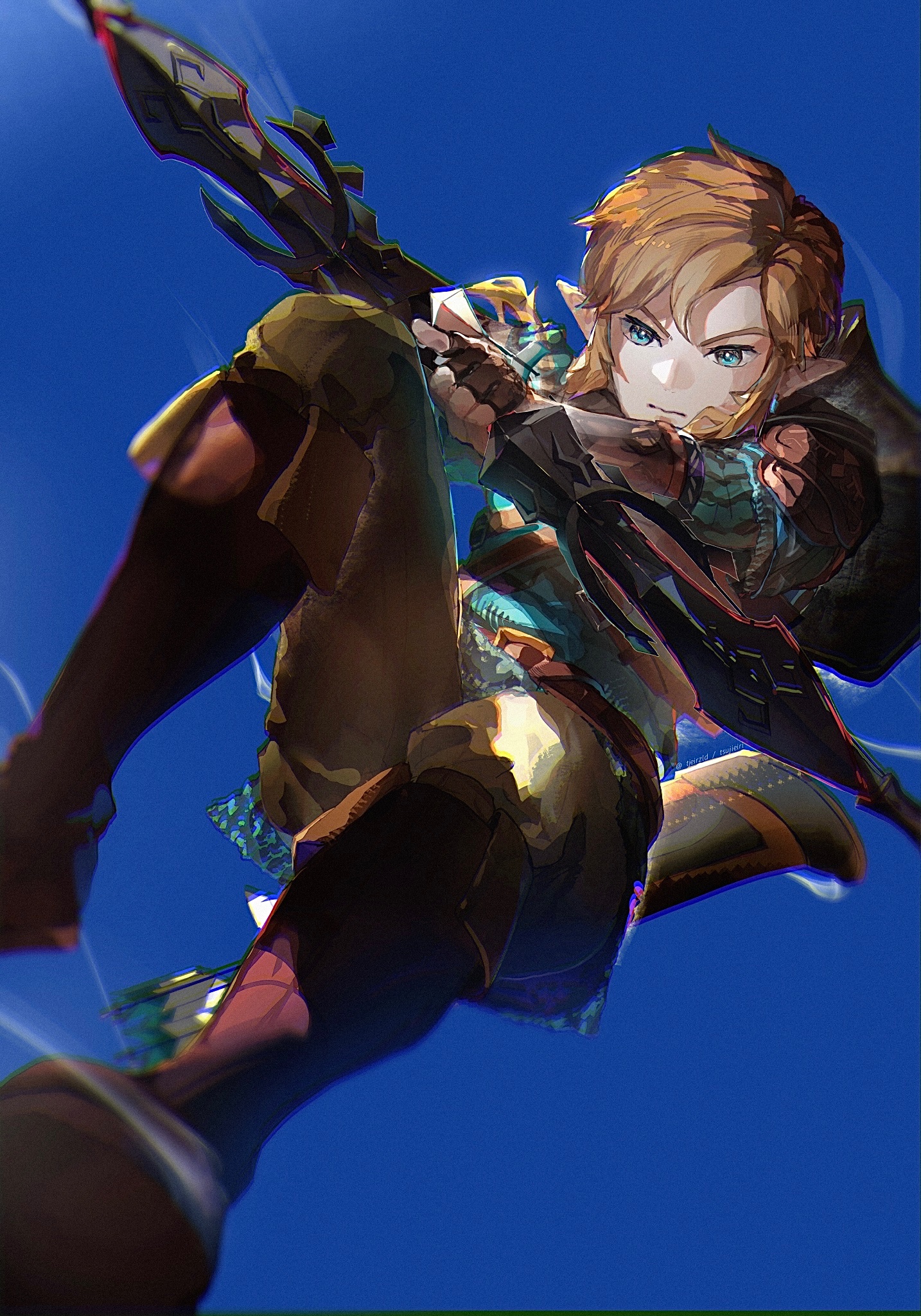 tsujieiri, link, nintendo, the legend of zelda, the legend of zelda: breath of the wild, the legend of zelda: tears of the kingdom, highres, 1boy, angry, archery, blonde hair, blue background, blue eyes, boots, bow (weapon), closed mouth, earrings, fingerless gloves, foot out of frame, full body, gloves, hair between eyes, holding, holding bow (weapon), holding weapon, jewelry, knee boots, long hair, long sleeves, pointy ears, quiver, simple background, solo, weapon