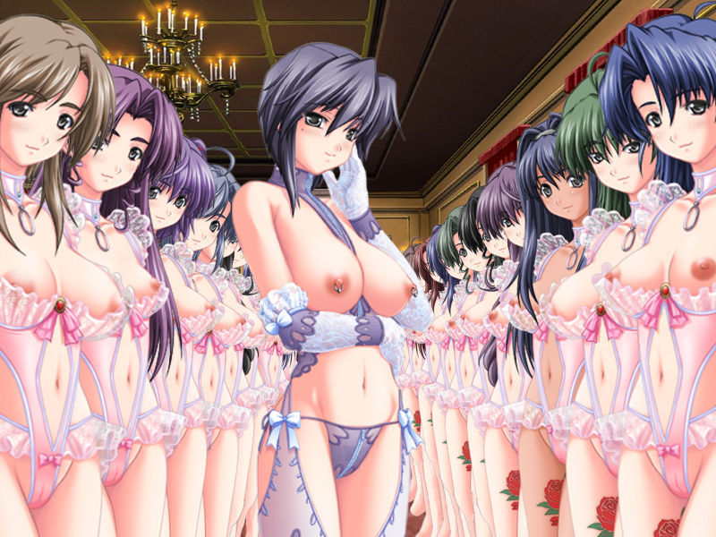 ami hideto, mizuki haruto, custom reido iii, source request, third-party edit, 6+girls, bare shoulders, bdsm, blush, bondage, bound, breasts, collar, dark-skinned female, dark skin, elbow gloves, everyone, fake screenshot, female focus, gloves, green hair, harem, large breasts, leg tattoo, lineup, lingerie, midriff, multiple girls, nipple piercing, nipple rings, nipples, no bra, panties, piercing, purple hair, pussy, see-through clothes, slave, smile, take your pick, tattoo, uncensored, underwear