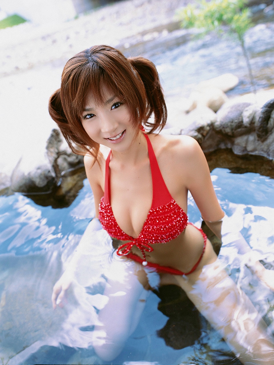 hoshino aki, highres, photo (medium), 1girl, asian, bikini, female focus, japanese (nationality), onsen, rapture, swimsuit, twintails