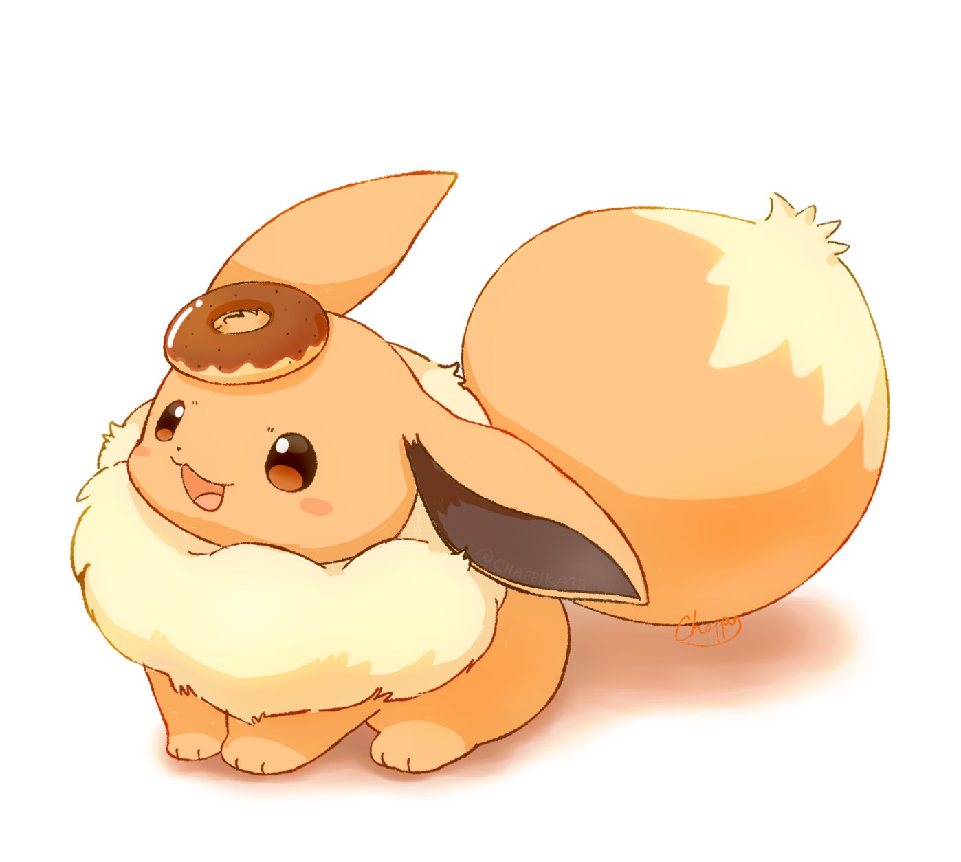 mimix, eevee, nintendo, pokemon, highres, animal focus, blush, brown eyes, brown fur, donut, fluffy, food, full body, gen 1 pokemon, no humans, open mouth, pokemon (creature), pokemon focus, simple background, smile, solo, tail, white background