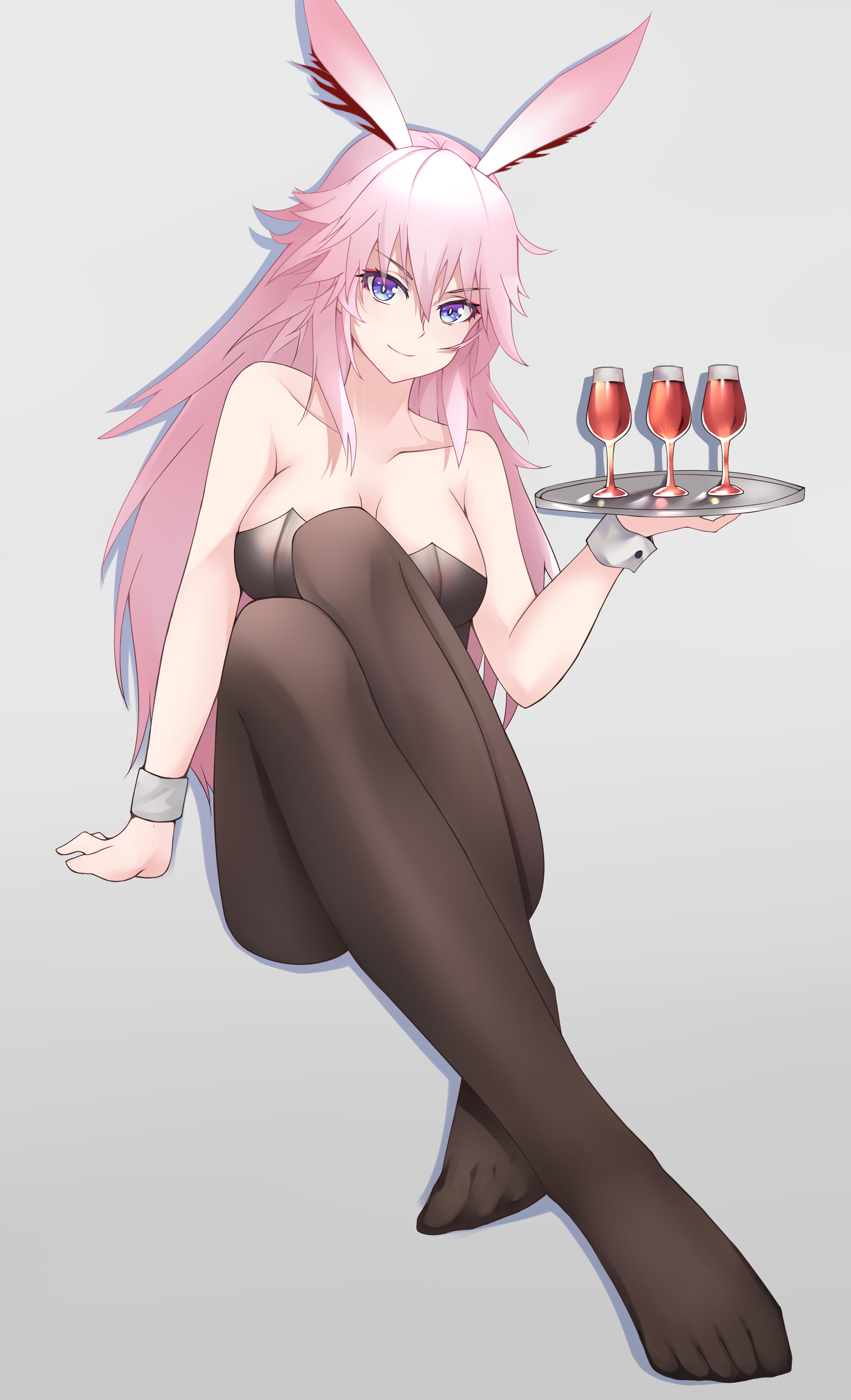1078720951, yae sakura, honkai (series), honkai impact 3rd, absurdres, highres, 1girl, alcohol, animal ears, black leotard, black pantyhose, breasts, cleavage, closed mouth, collarbone, cup, drinking glass, fox ears, fox tail, grey background, holding, holding tray, large breasts, leotard, long hair, looking at viewer, pantyhose, pink hair, playboy bunny, purple eyes, simple background, smile, solo, strapless, strapless leotard, tail, toes, tray, wine, wine glass, wrist cuffs