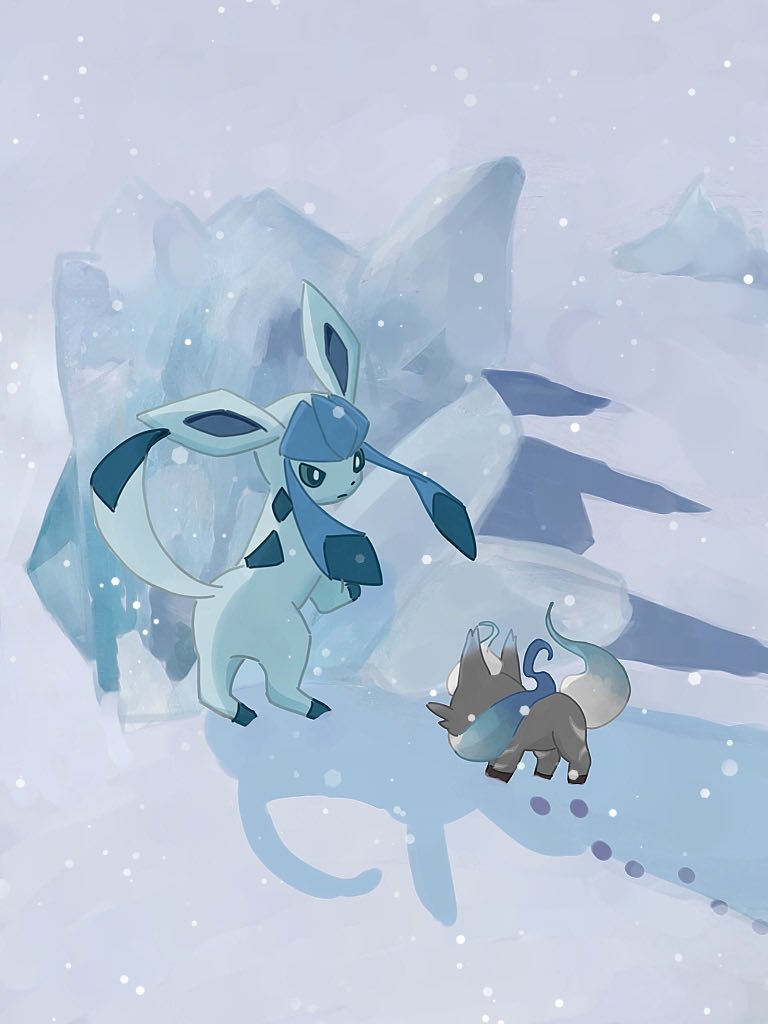 raidayo 39, glaceon, hisuian zorua, nintendo, pokemon, pokemon legends: arceus, alternate color, animal focus, blue eyes, footprints, gen 4 pokemon, long hair, no humans, outdoors, pokemon (creature), pokemon focus, shiny pokemon, snow, snowflakes, snowing, tail