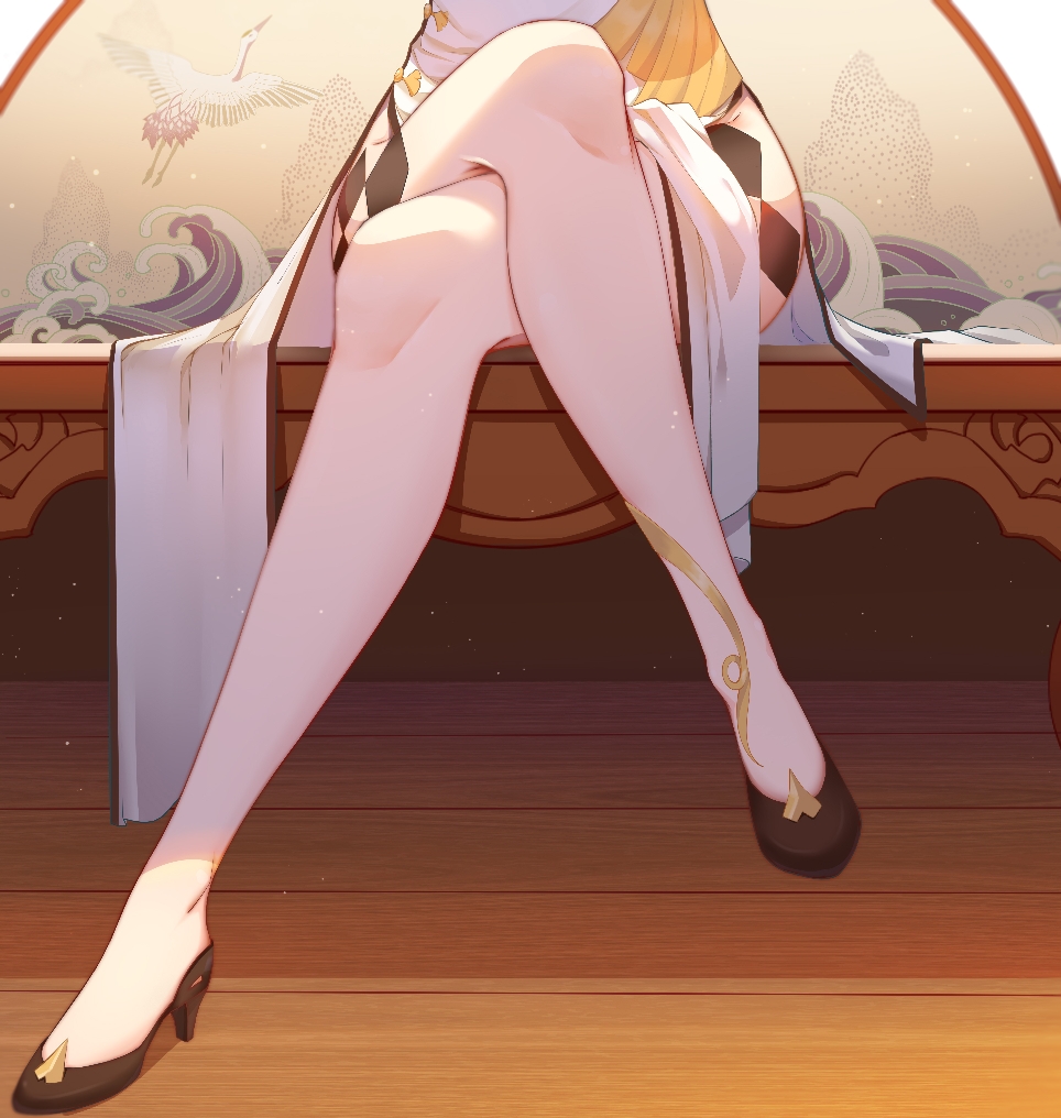 user agdu2437, ningguang (genshin impact), genshin impact, 1girl, bare legs, chair, china dress, chinese clothes, crossed legs, dress, high heels, leg focus, legs, sitting, solo, thigh focus, thighs, white dress, wooden floor