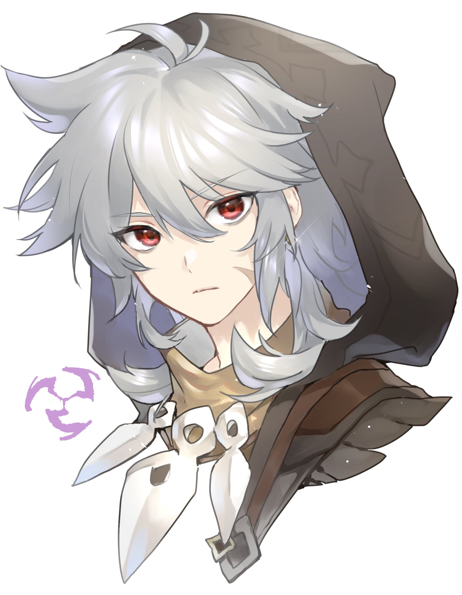 esonichino, razor (genshin impact), genshin impact, commentary request, highres, 1boy, antenna hair, electro symbol (genshin impact), grey hair, looking at viewer, male focus, medium hair, red eyes, simple background, solo, white background