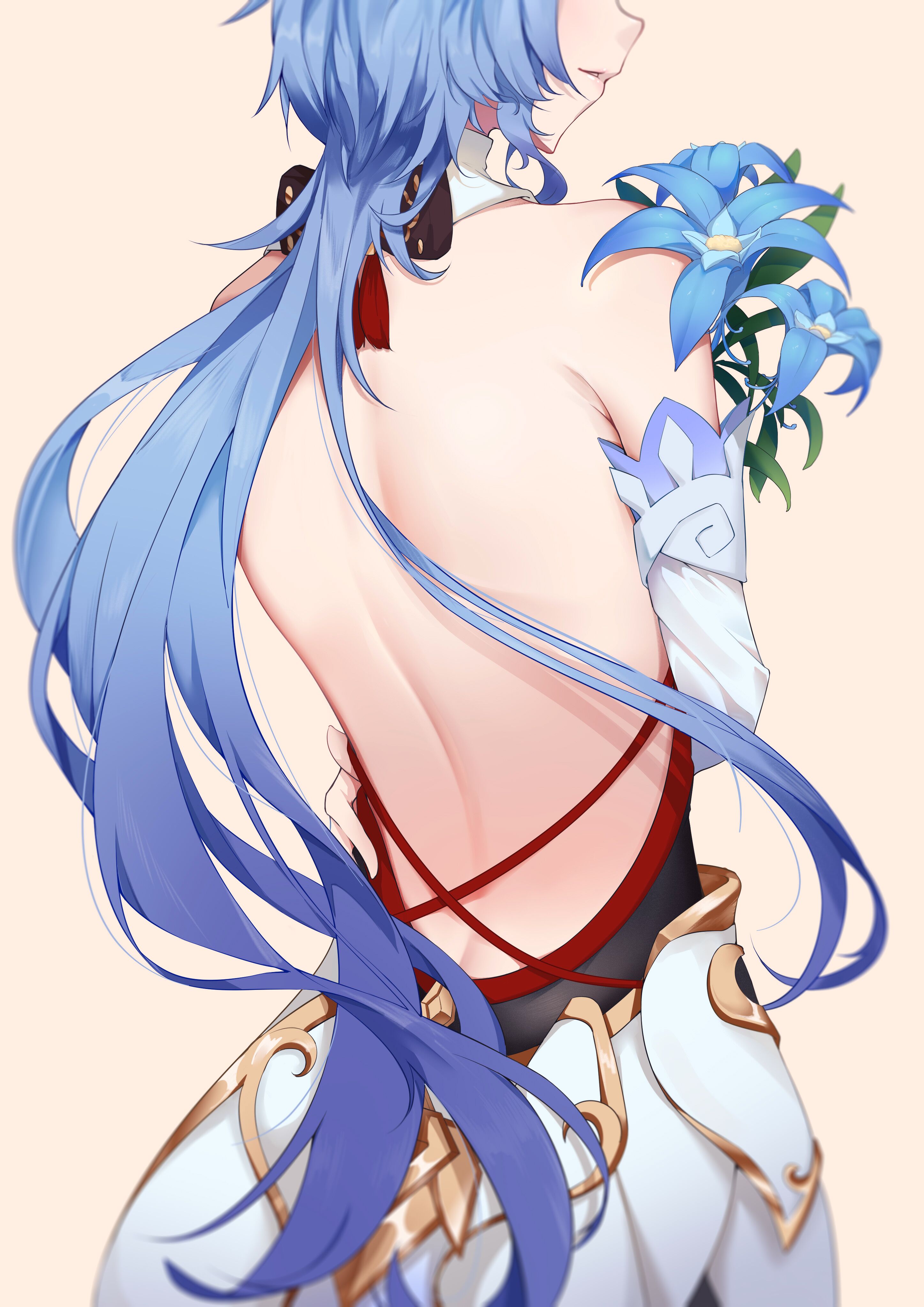 user agdu2437, ganyu (genshin impact), genshin impact, absurdres, highres, 1girl, back, backless outfit, blue eyes, blue flower, detached sleeves, flower, long hair, ponytail, simple background, solo, very long hair, white sleeves
