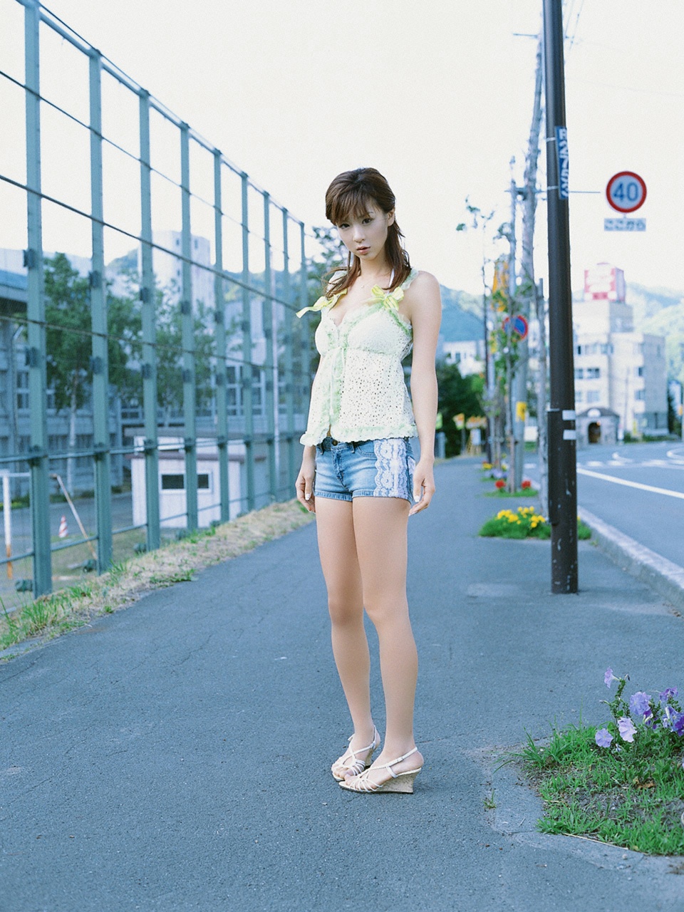 hoshino aki, highres, photo (medium), denim, rapture, sandals, shorts, tank top