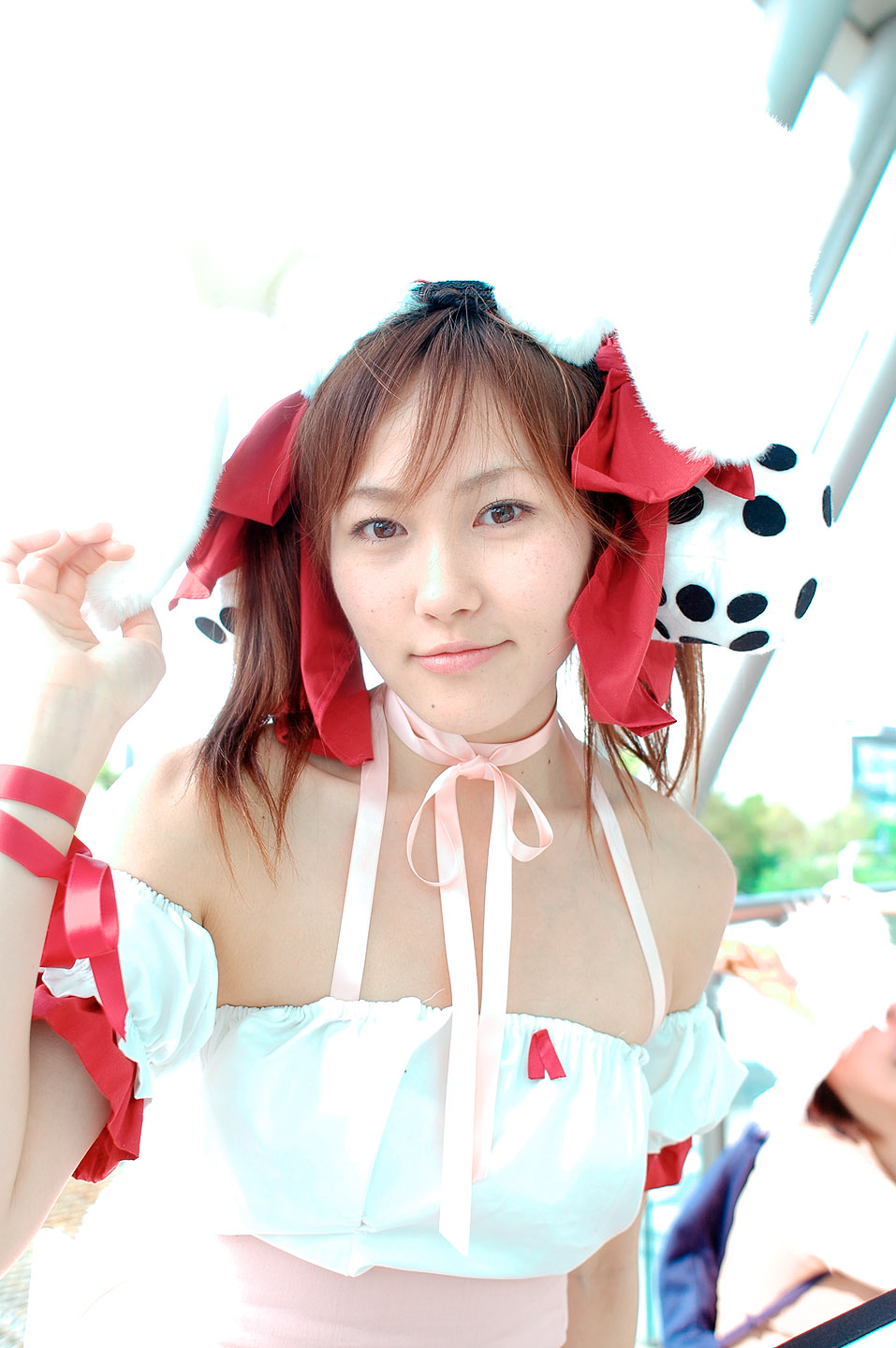 yuzu kotoki, usada hikaru, di gi charat, highres, photo (medium), animal ears, choker, cosplay, detached sleeves, dress, fuzzy dice, hair ribbon, laces, rabbit ears, ribbon, strapless, strapless dress