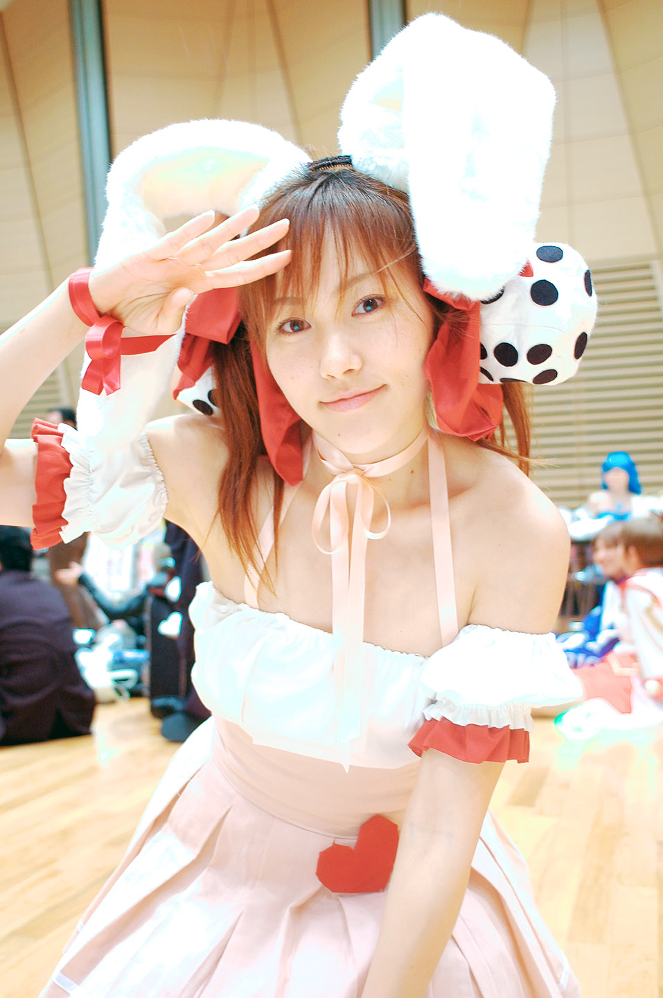 yuzu kotoki, usada hikaru, di gi charat, highres, photo (medium), animal ears, choker, cosplay, detached sleeves, dress, fuzzy dice, hair ribbon, laces, rabbit ears, ribbon, strapless, strapless dress