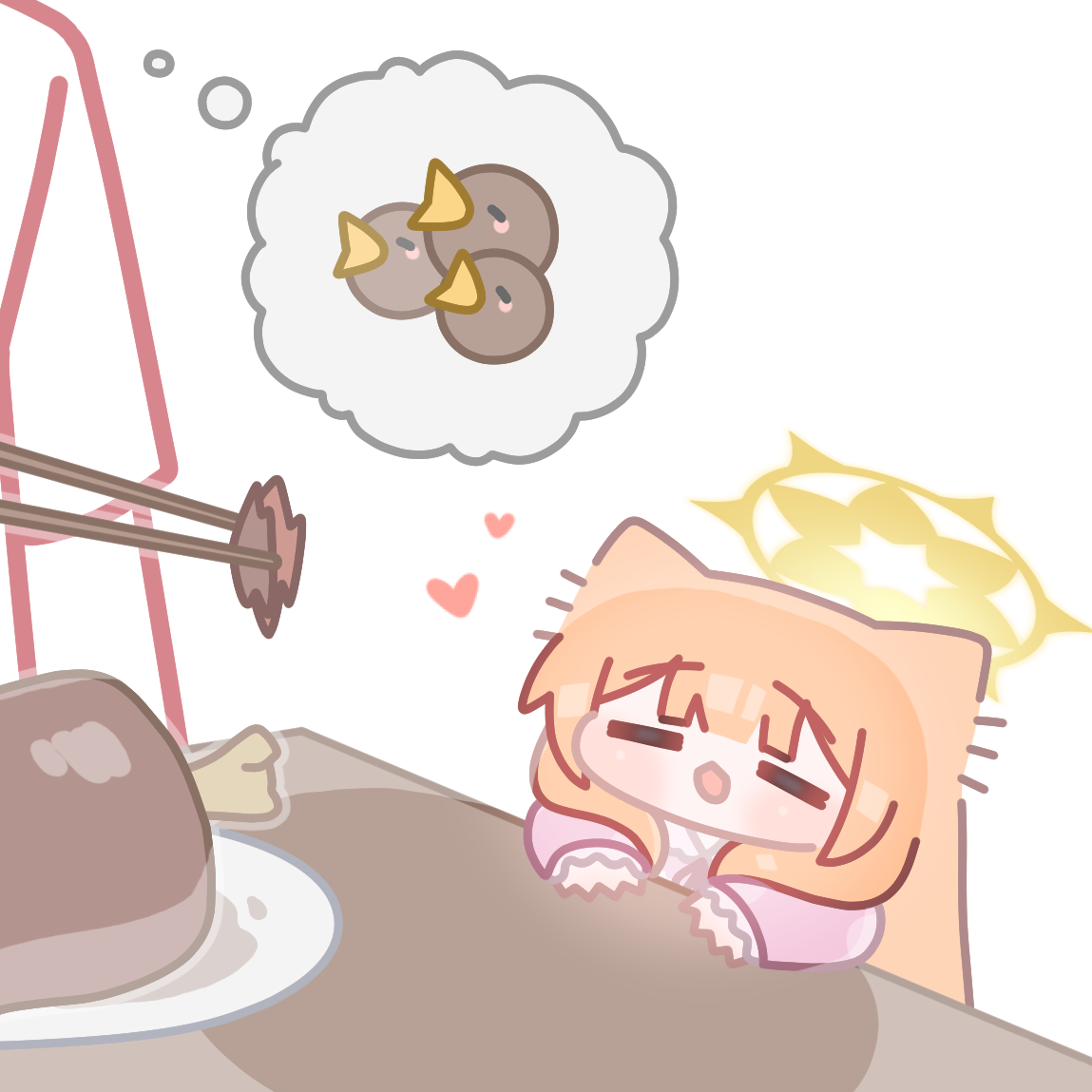 horuhara, mari (blue archive), blue archive, 1girl, baby animal, bird, blunt bangs, blush, boned meat, chibi, chick, chopsticks, closed eyes, food, halo, heart, long hair, long sleeves, meat, neck ribbon, open mouth, orange hair, pajamas, pink pajamas, plate, polka dot, polka dot pajamas, ribbon, shirt, short sleeves, sleeves past wrists, solo focus, speech bubble, thought bubble, white shirt, yellow halo