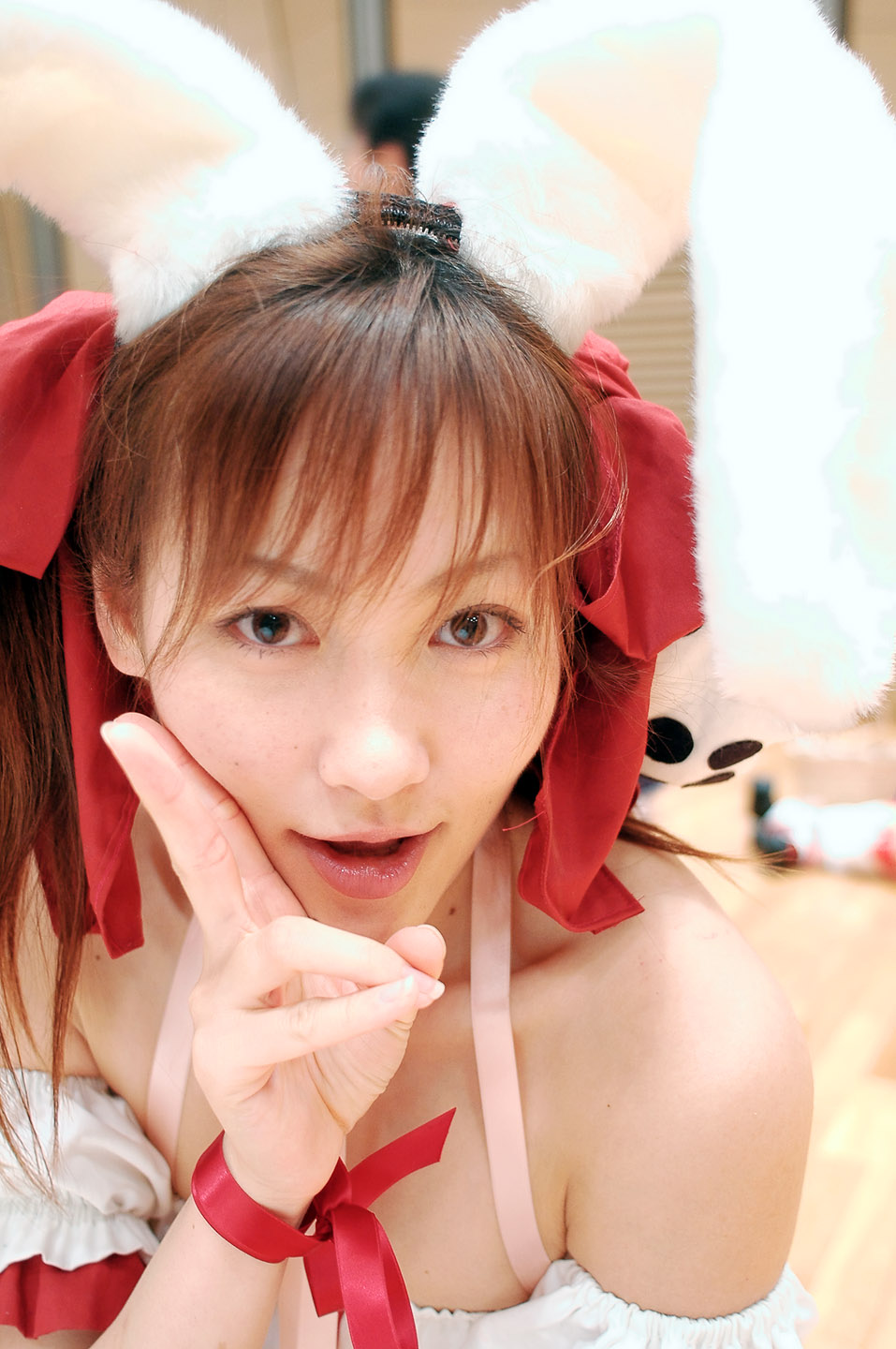 yuzu kotoki, usada hikaru, di gi charat, highres, photo (medium), animal ears, choker, cosplay, detached sleeves, dress, fuzzy dice, hair ribbon, laces, rabbit ears, ribbon, strapless, strapless dress