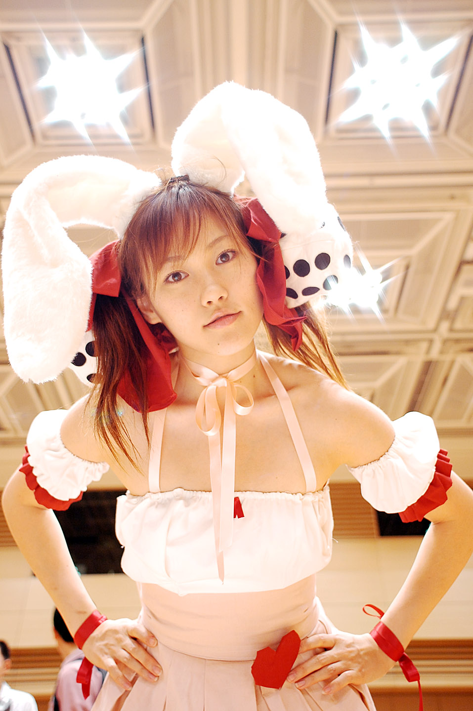 yuzu kotoki, usada hikaru, di gi charat, highres, photo (medium), animal ears, choker, cosplay, detached sleeves, dress, fuzzy dice, hair ribbon, laces, rabbit ears, ribbon, strapless, strapless dress