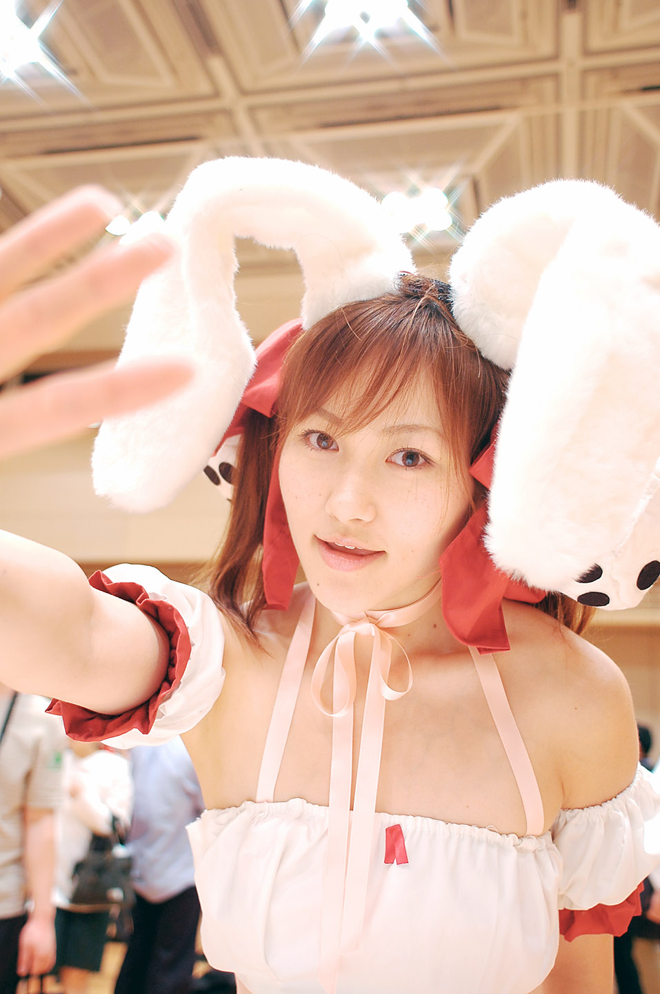 yuzu kotoki, usada hikaru, di gi charat, highres, photo (medium), animal ears, choker, cosplay, detached sleeves, dress, fuzzy dice, hair ribbon, laces, rabbit ears, ribbon, strapless, strapless dress