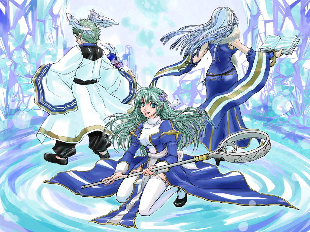 high priest (ragnarok online), professor (ragnarok online), soul linker (ragnarok online), ragnarok online, commentary request, 1boy, 2girls, alternate color, black shoes, blue dress, blue flower, blue sleeves, book, breasts, detached sleeves, dress, feathered wings, flower, full body, green eyes, green hair, grin, hair flower, hair ornament, hanbok, head wings, holding, holding book, holding staff, juliet sleeves, kneeling, korean clothes, long hair, long sleeves, looking afar, looking at viewer, medium breasts, multiple girls, open book, puffy sleeves, shoes, short hair, sleeveless, sleeveless dress, smile, staff, standing, striped sleeves, thighhighs, two-tone dress, white dress, white hanbok, white sleeves, white thighhighs, white wings, wings, yellow sleeves, yotuha428