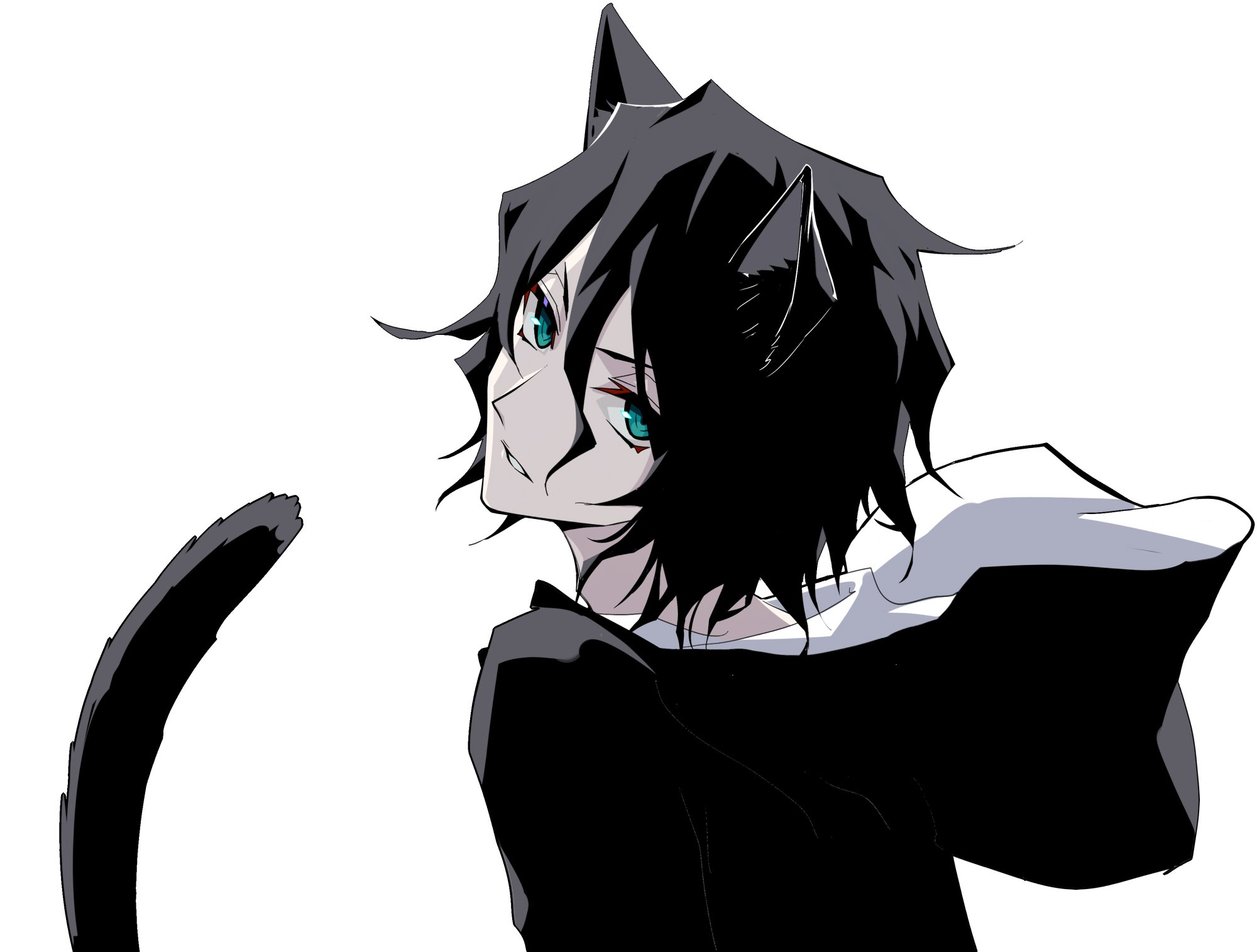 zangjun, zangetsu (bleach), bleach, highres, 1boy, animal ears, black hair, cat boy, cat ears, cat tail, hair between eyes, kemonomimi mode, long hair, looking at viewer, male focus, short hair, simple background, solo, tail, tensa zangetsu (bankai), white background