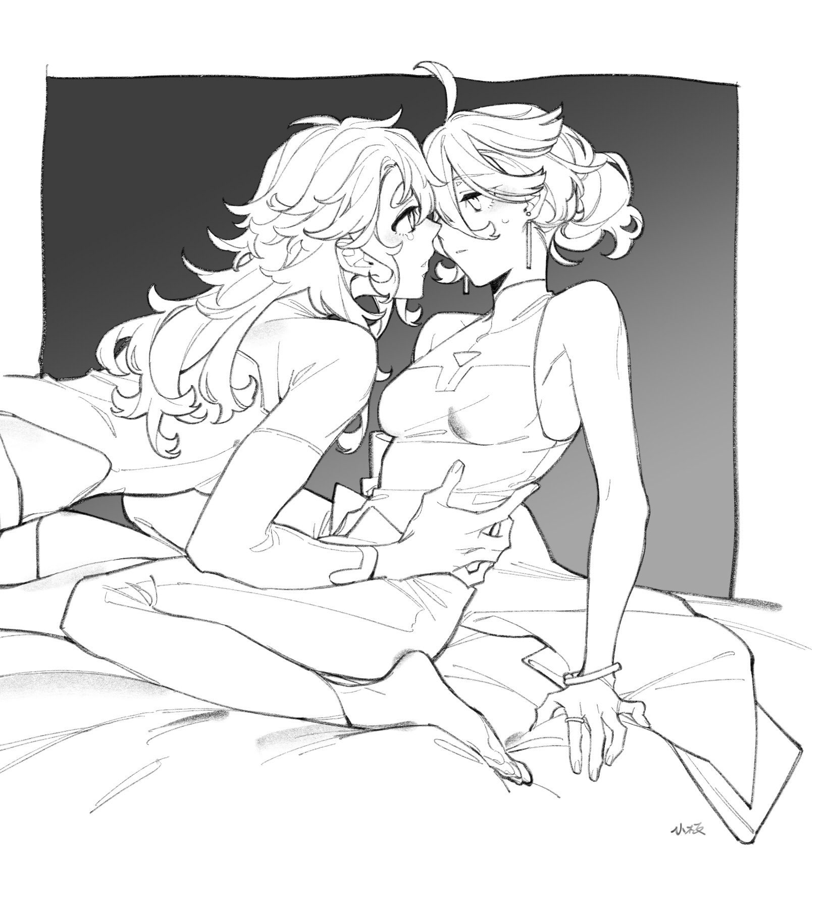 zhuotian, miorine rembran, suletta mercury, gundam, gundam suisei no majo, highres, 2girls, barefoot, bracelet, dress, earrings, greyscale, hair bun, hand on another's waist, jewelry, long hair, long sleeves, monochrome, multiple girls, parted lips, ring, sleeveless, sleeveless dress, tears, thick eyebrows, toes, yuri