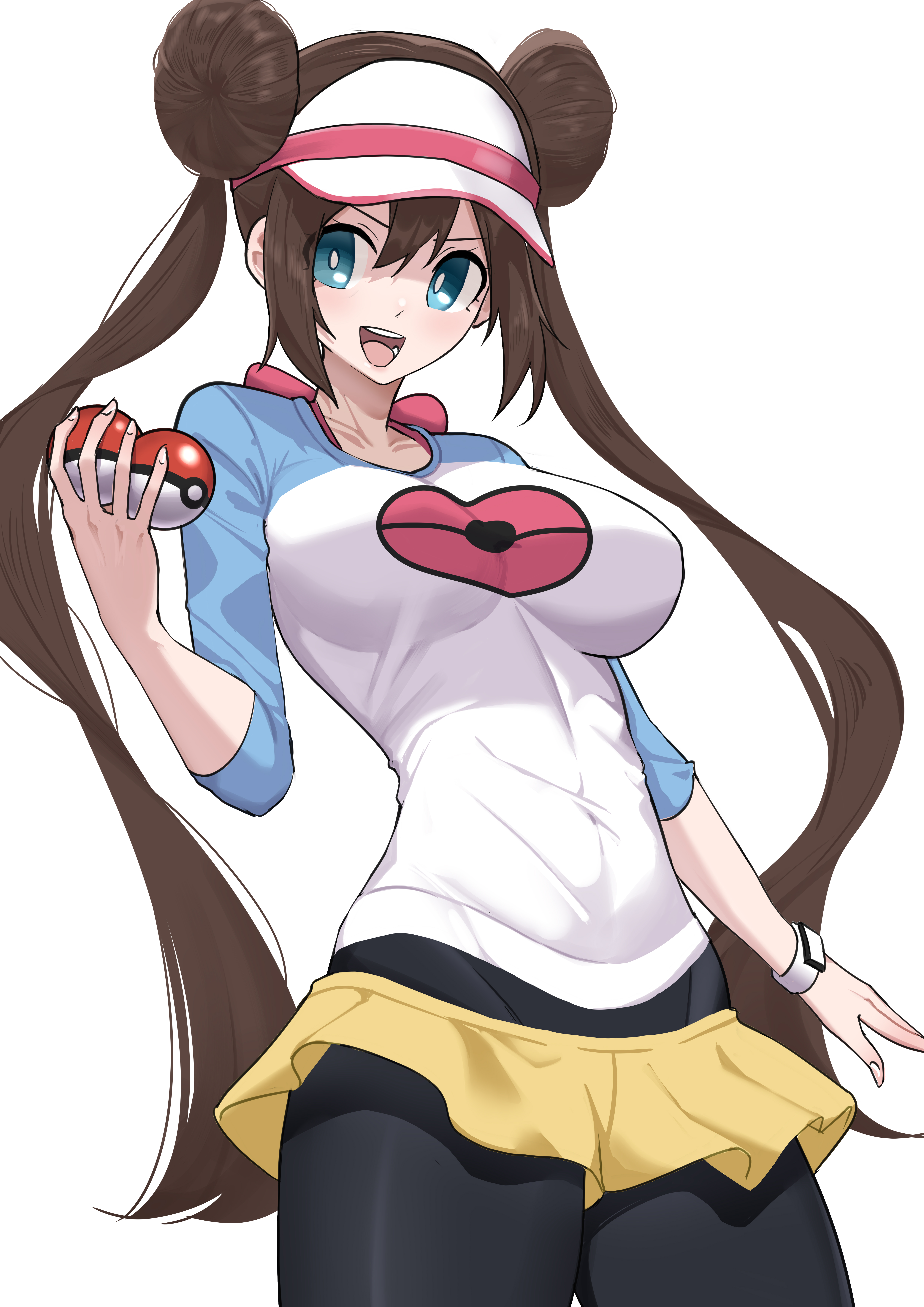 aji (p391), rosa (pokemon), nintendo, pokemon, pokemon bw2, absurdres, highres, 1girl, :d, black pantyhose, blue eyes, breasts, brown hair, collarbone, covered navel, donut hair bun, double bun, hair bun, holding, holding poke ball, large breasts, long hair, open mouth, pantyhose, poke ball, poke ball (basic), poke ball print, print shirt, raglan sleeves, shirt, short shorts, shorts, simple background, smile, solo, twintails, very long hair, visor cap, white background, yellow shorts